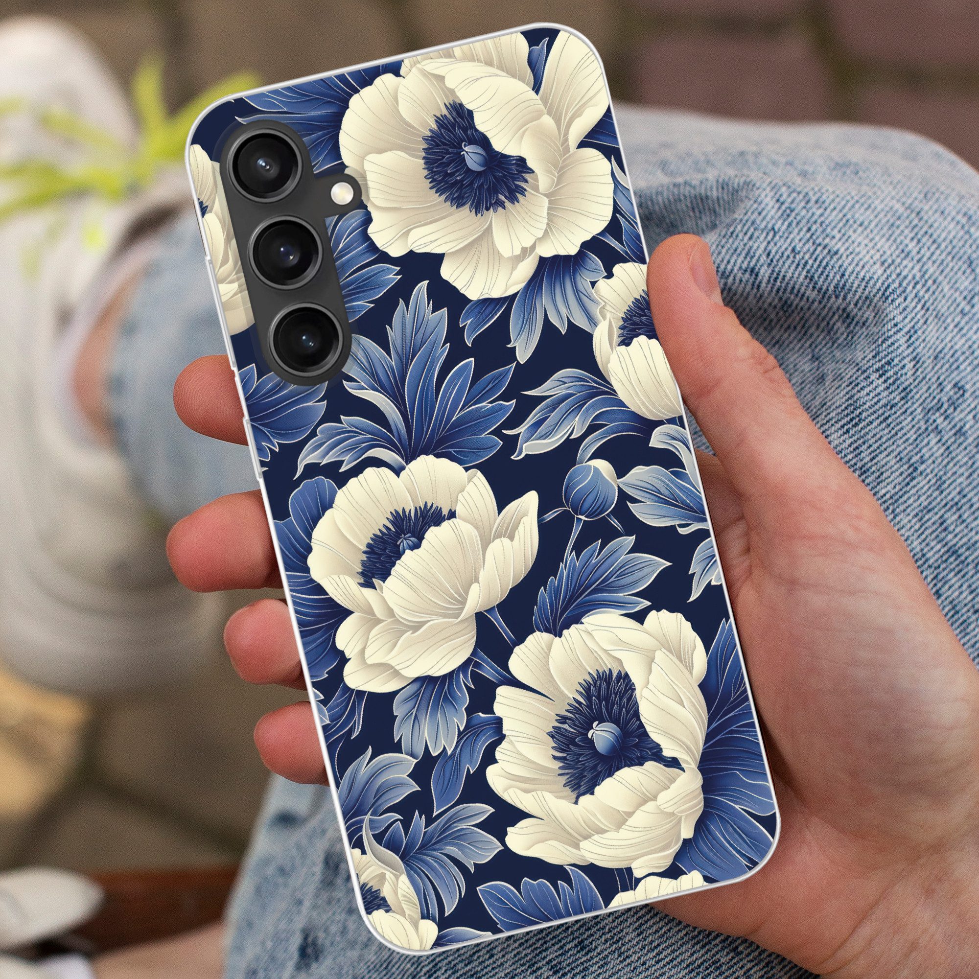 MuchoWow Handyhülle für Samsung Galaxy S23 FE Blumen - Muster - Blau - Weiß