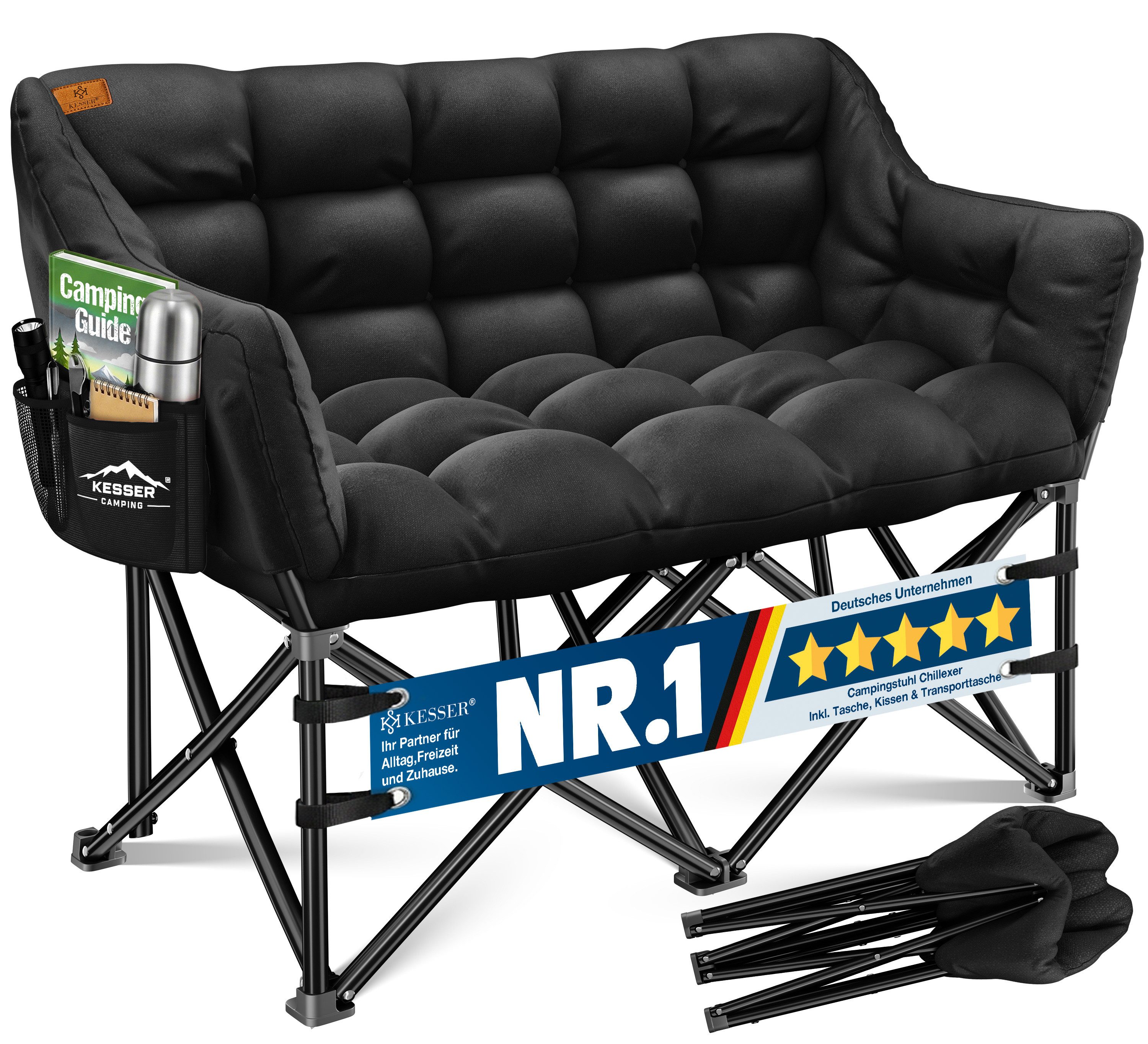 KESSER Campingstuhl für 2 Personen bis 300 kg, faltbar, gepolstert & breit, Indoor & Outdoor, inkl. Tasche & Seitentaschen