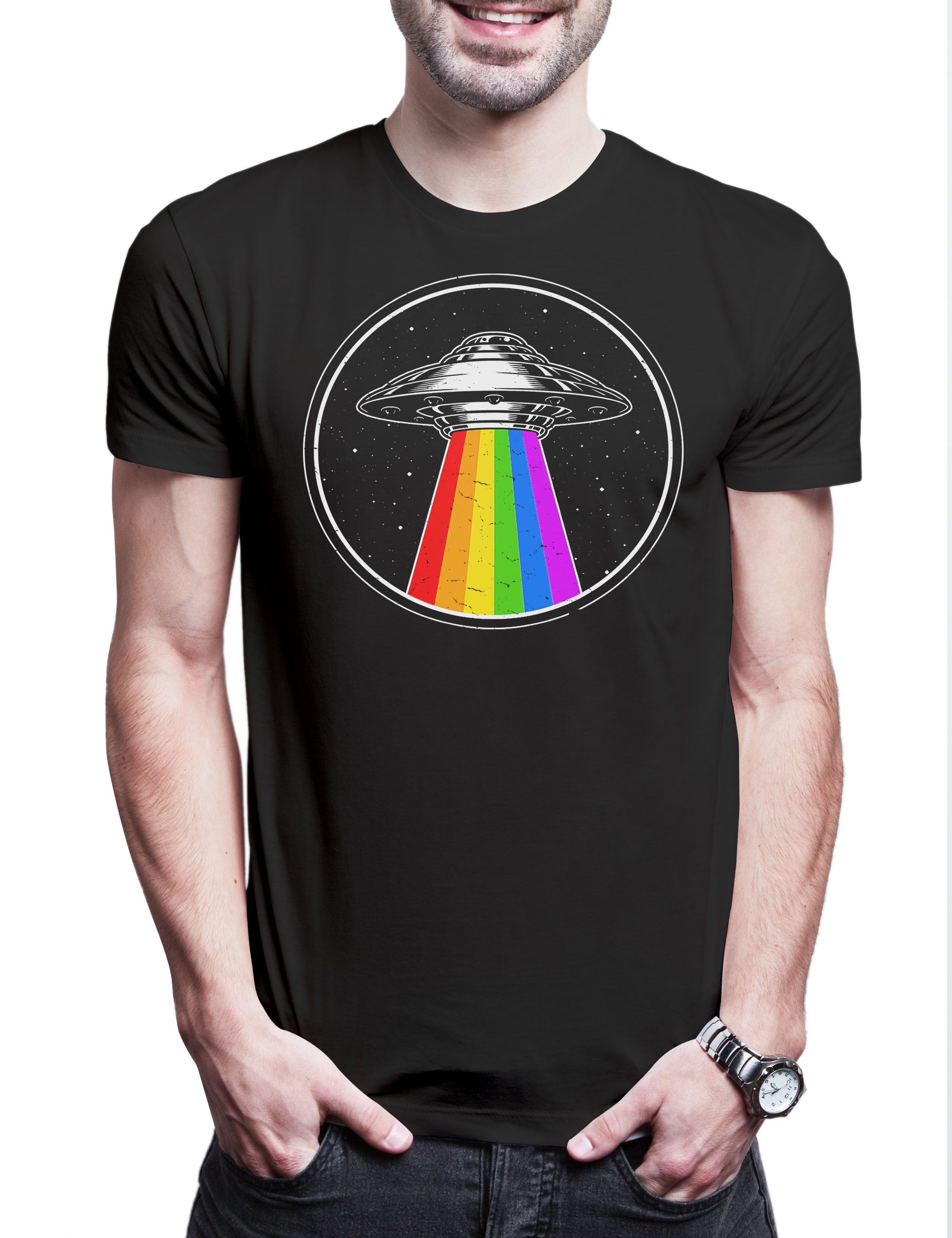 Urban Backwoods Print-Shirt UFO Rainbow Tractor Beam Herren T-Shirt Gay Pride Month Trans Alien (1-tlg) LGBTQ Gay Schwul