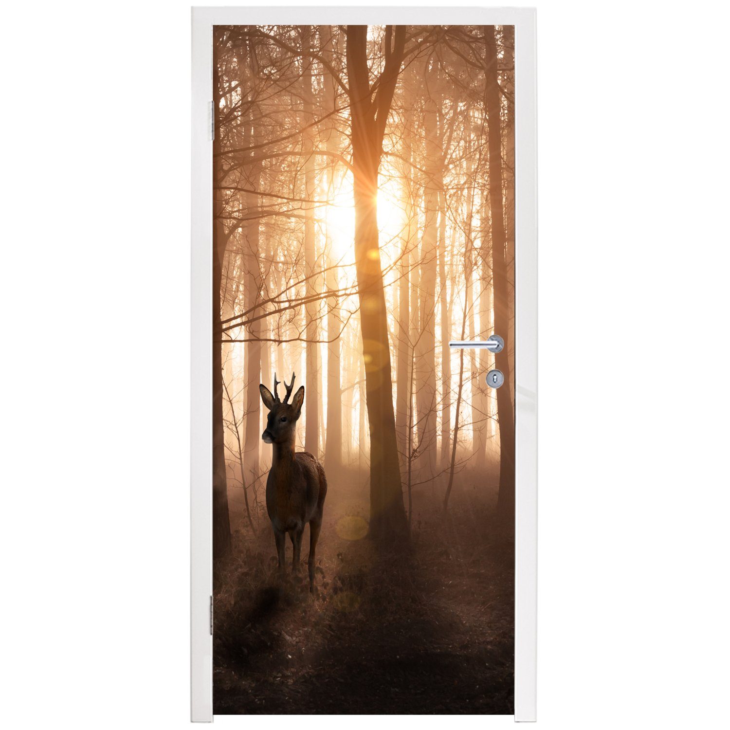 - Tiere, Fototapete Hirsche 75x205 Tür, Natur St), Winter - Bäume cm Türaufkleber, MuchoWow bedruckt, Wald - für Türtapete Sonne (1 Matt, - - -