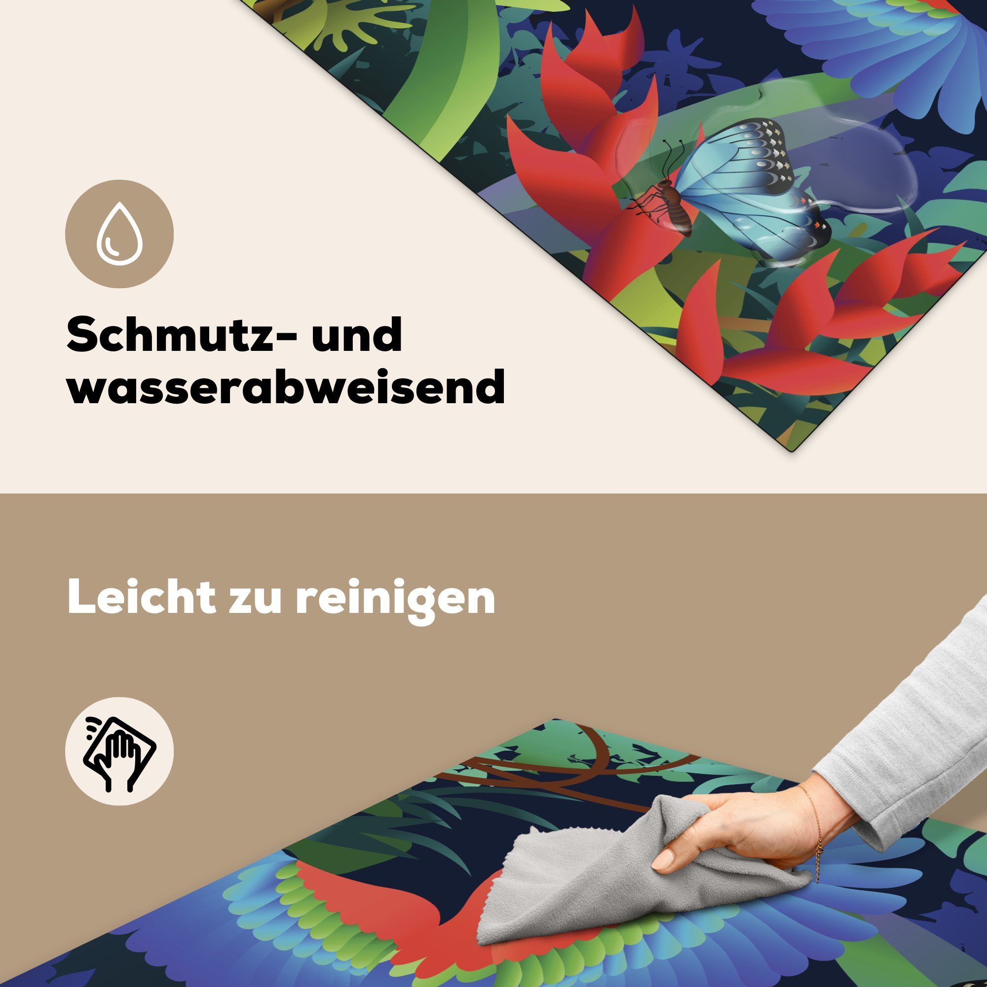 (1 küche 78x78 Illustration Herdblende-/Abdeckplatte eines Regenwald, fliegenden tlg), Papageis MuchoWow Eine im Arbeitsplatte cm, Ceranfeldabdeckung, Vinyl, für