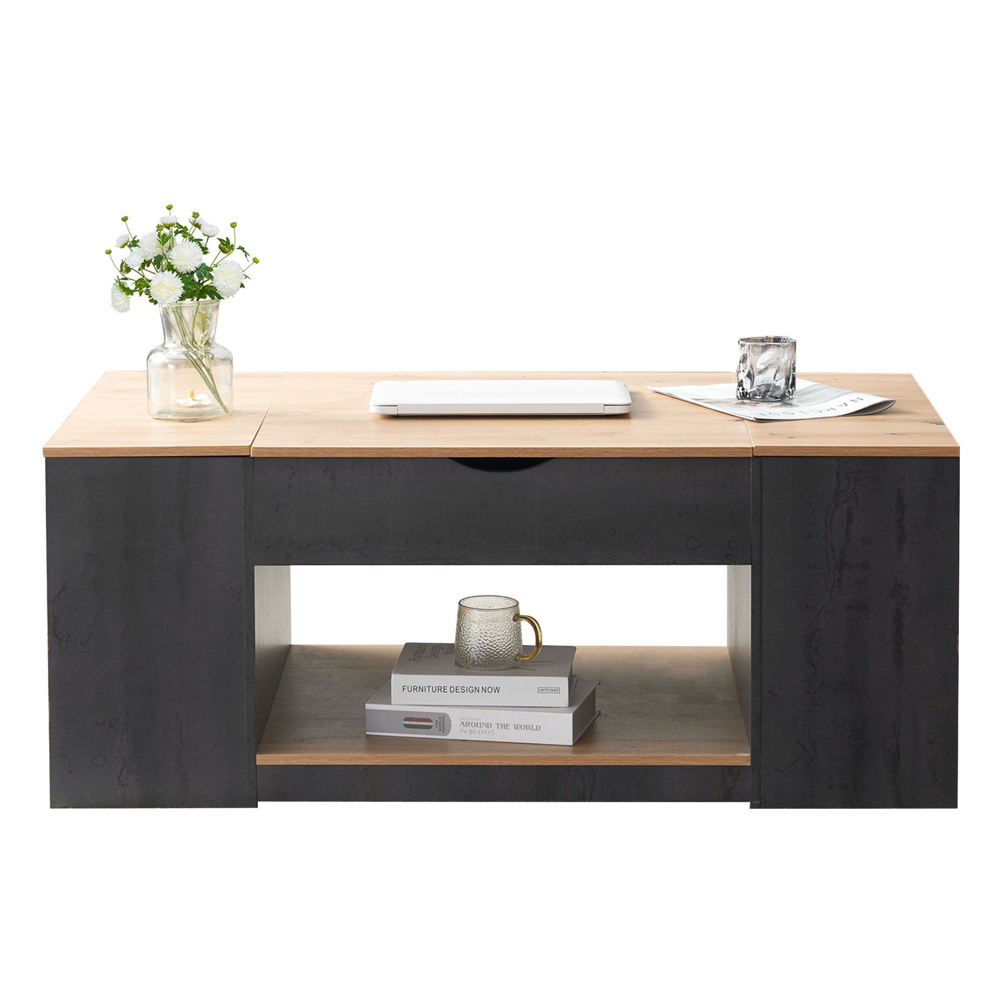 Couchtisch Holztisch unter Kaffeetisch Moderner Sofatisch HAUSS SPLOE Couchtisch Design (Graues Gestell Tischplatte), Stauraum Stilvolles