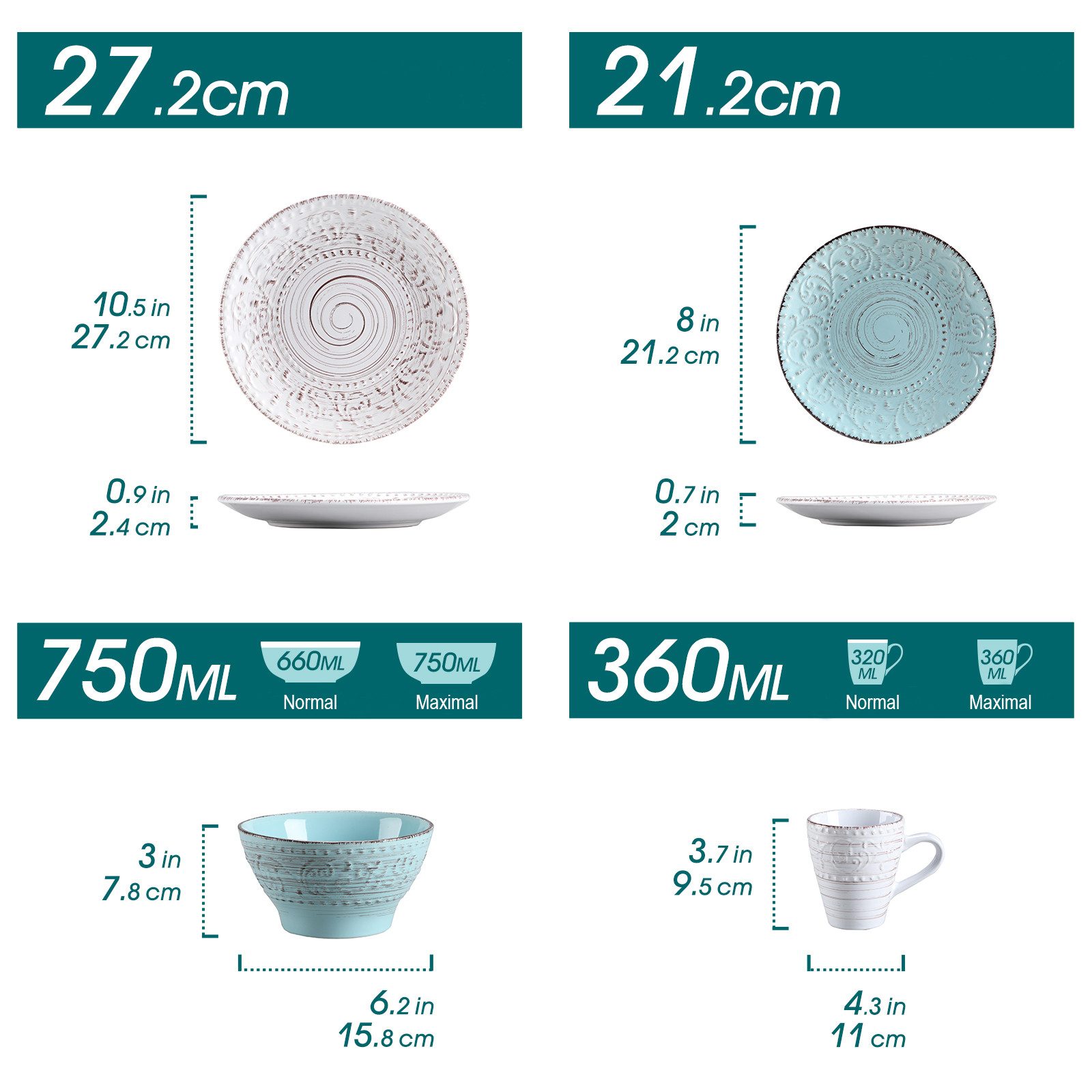 vancasso Geschirr-Set 16-tlg Tafelservice, für 4, Steingut, Beige & Blau, Reliefmuster (16-tlg), 4 Personen, Steingut