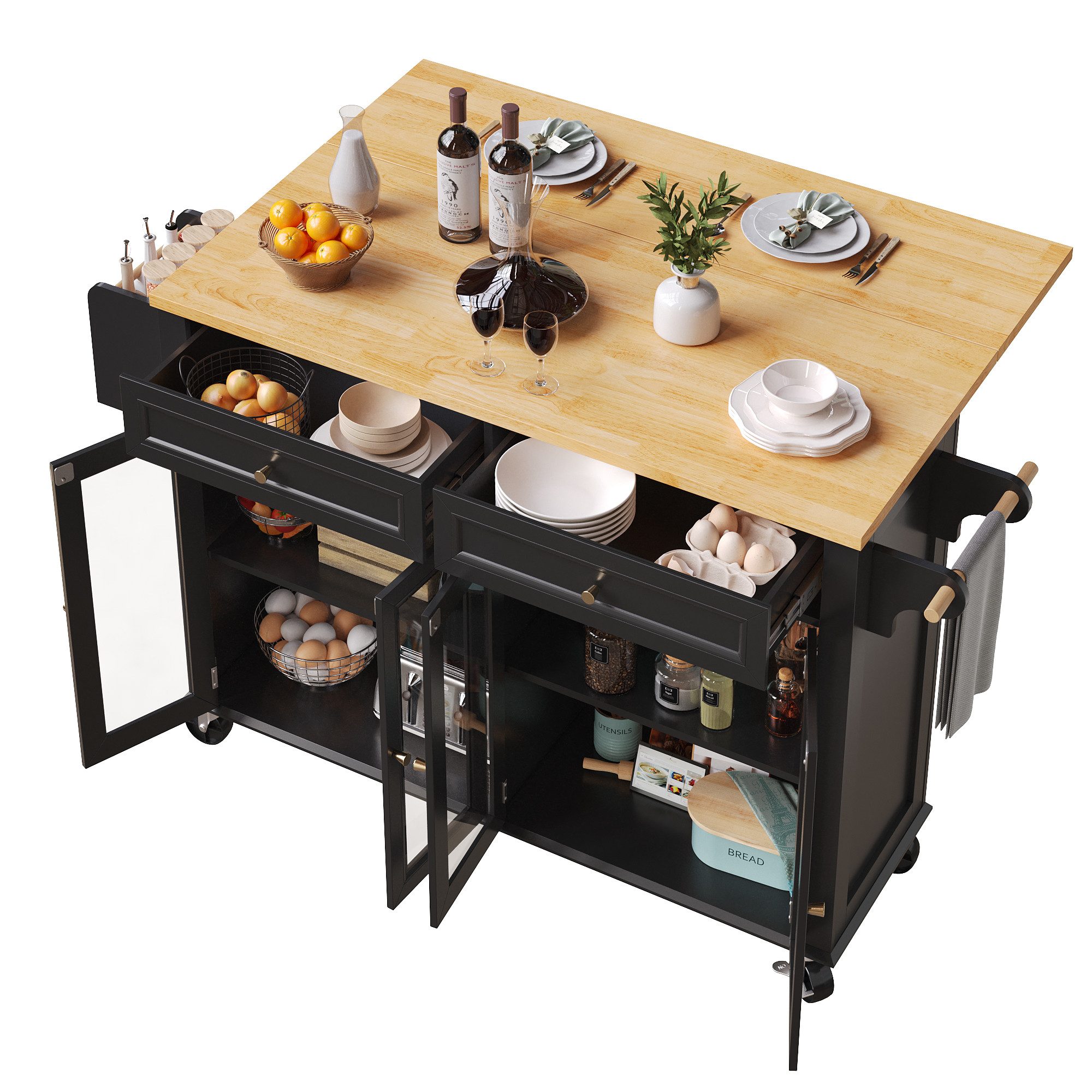 Refined Living Кухниinsel Mobile Кухниinsel/Servierwagen mit Rollen & Glastüren, Кухниschrank, (Multifunktionaler Кухни-/Buffetwagen mit Holzoptik, mit Arbeitsplatte Кухниwagen mit Glastüren, Sideboard auf Rollen, Wohnzimmerschrank mit Rollen, Multifunktionaler Esstisch mit Stauraum, Esszimmer Кухниwagen,Snackregalen), Großer Stauraum,mit Schublade & Türen,für Küche,Wohnzimmer,Büro