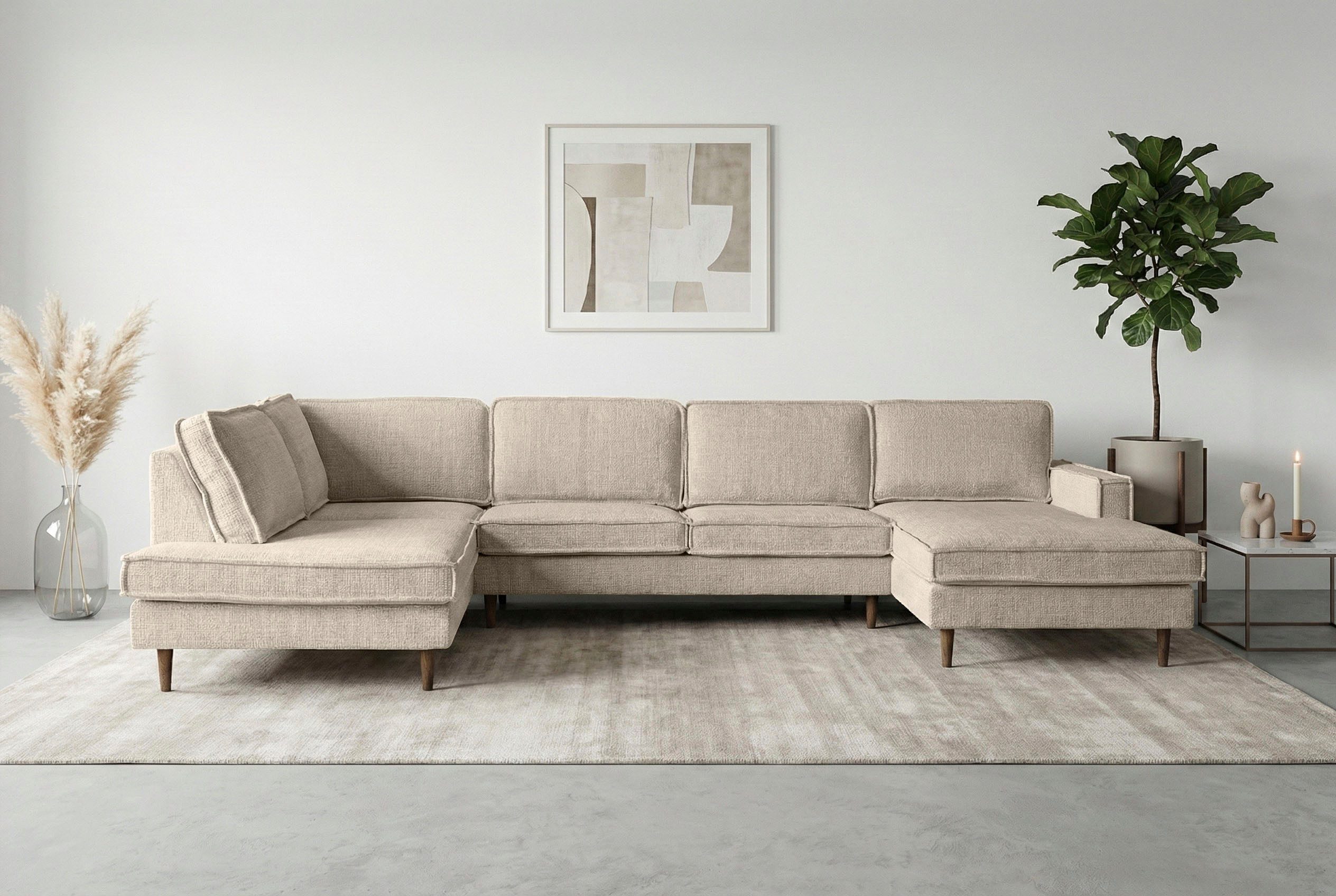 Home affaire Wohnlandschaft Pinto Skandi, 350 cm, U-Form, XXL, mit Ottomanen, mit Keder, Massivholzfüße Eiche geräuchert, Wellenunterfederung
