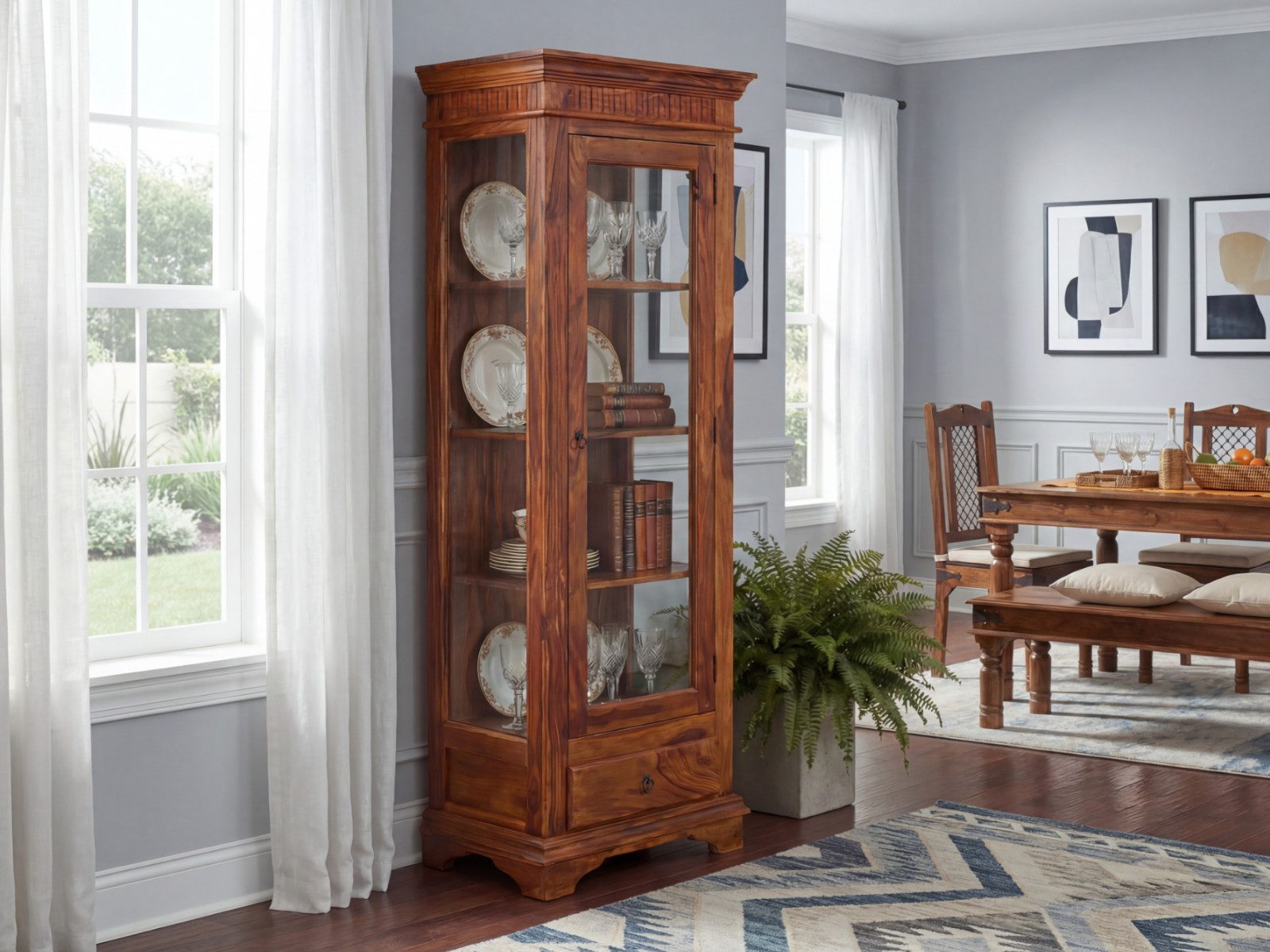 massivum Vitrine Merlow Akazie Wohnzimmer Schrank Glasschrank (1-St)