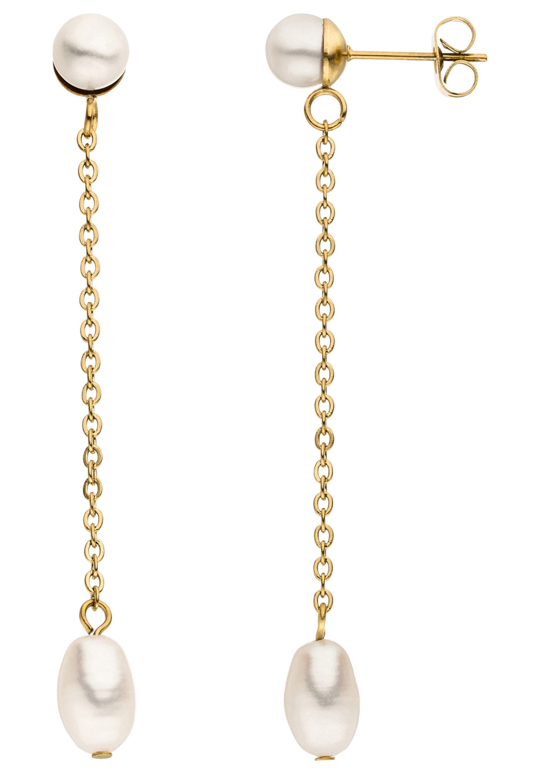 JOBO Perlenohrringe lang mit Kette, Edelstahl goldfarben mit 4 Perlen