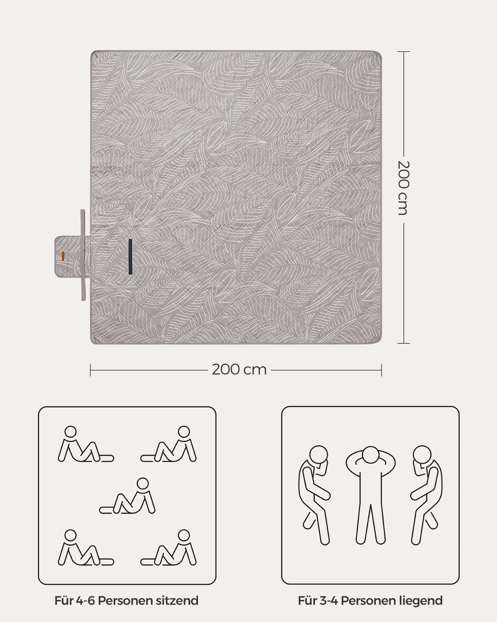 Picknickdecke 200 x 200 cm, mit 4 Erdankern, Campingdecke, für Park, Garten, Strand, SONGMICS, wasserdicht, maschinenwaschbar, faltbar, khaki mit tropischem Farn