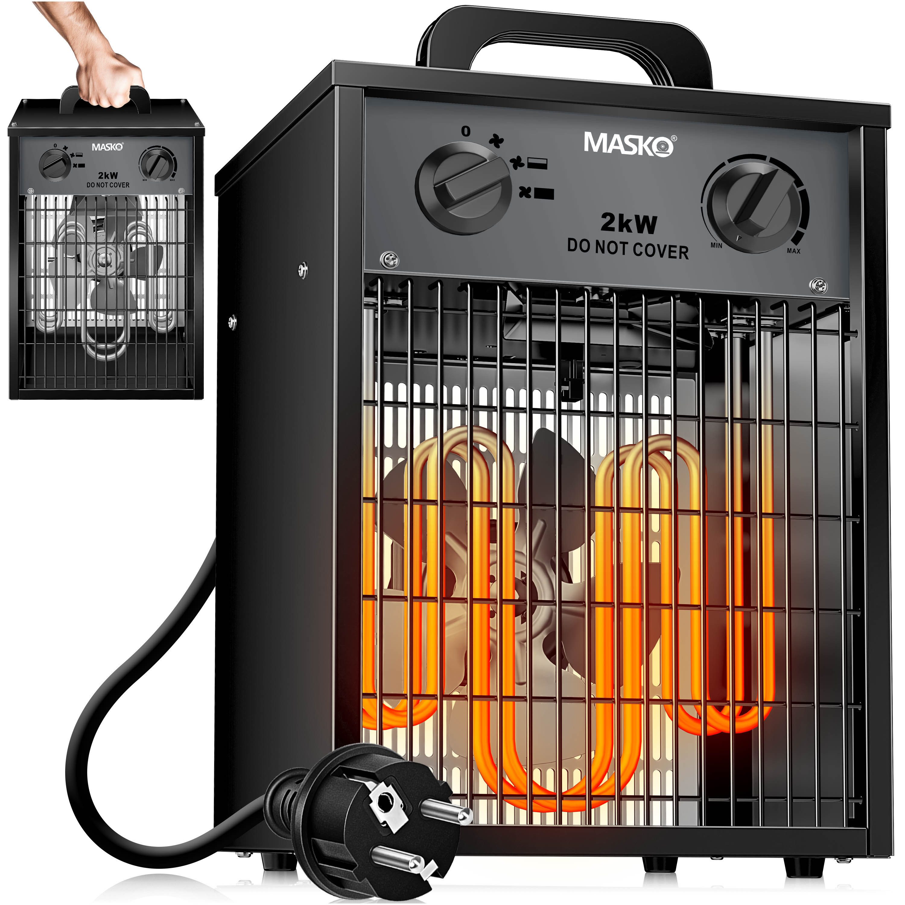 MASKO Heizlüfter Bauheizer elektrisch mit 3 Heizstufen & integriertem Thermostat, 2000 W, Elektroheizer Heizlüfter mit Heizgebläse für Innen- und Außeneinsatz