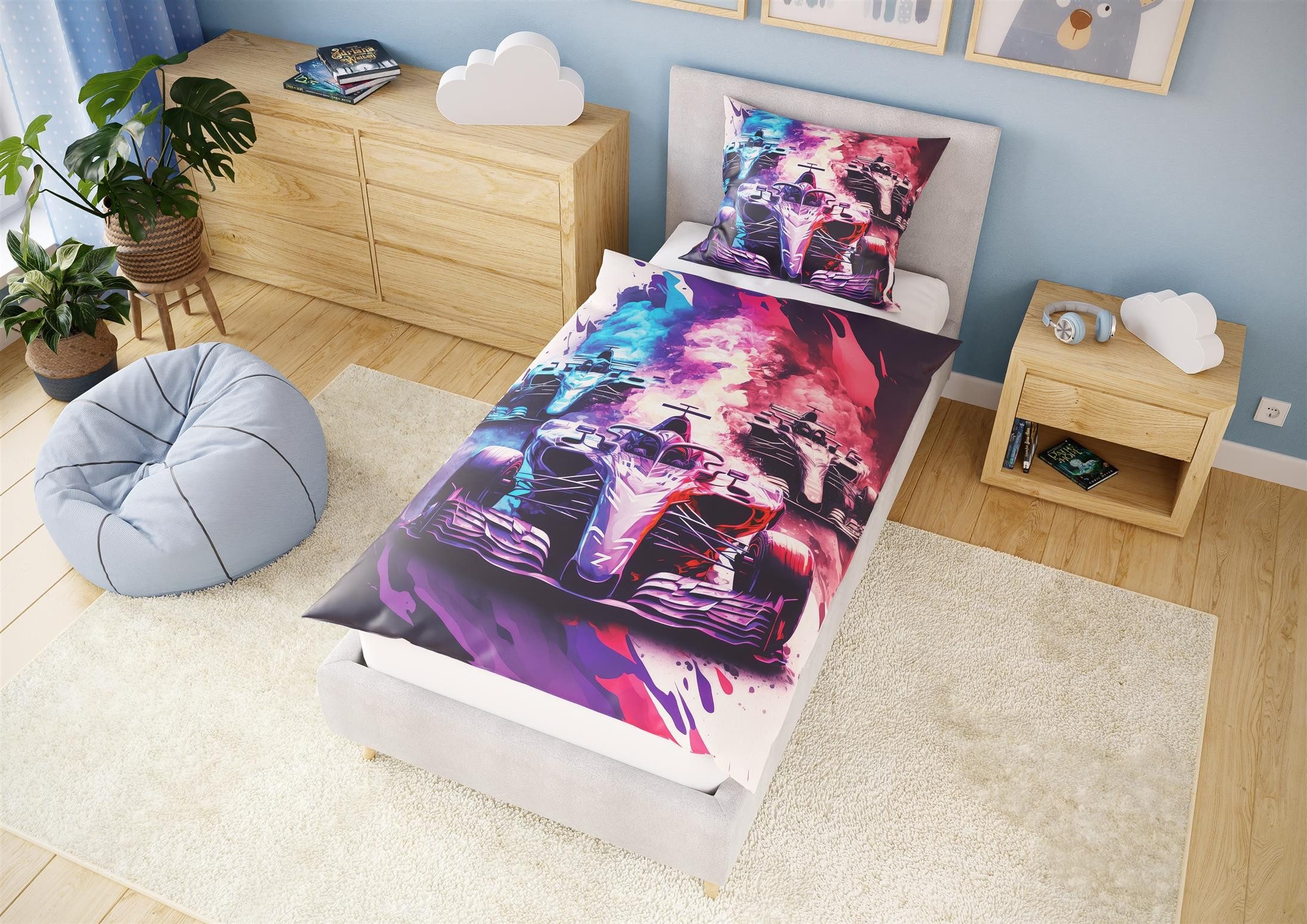 Carpe Sonno Kinderbettwäsche 135x200 +10 SPIELE +KINDERBUCH Baumwoll Bettwäsche Kind Jungen Mädchen, Renforcé, 2 teilig, Coole Bett Garnitur Auto Rennauto Rennwagen Sportwagen