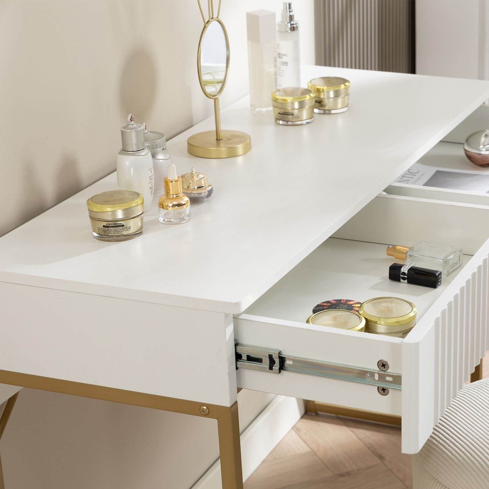 IDIMEX Konsolentisch FRIBO, Schminktisch mit Rillenfront Metallgestell und 2 Schubladen weiß/gold