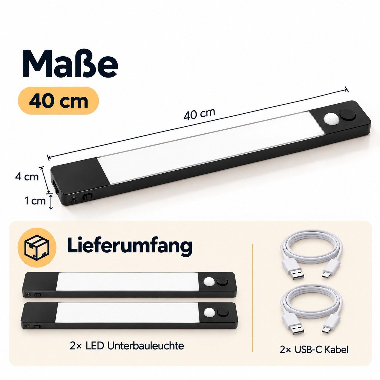Hanseatic LED Unterbauleuchte 40 cm o. 60 cm / Schrankbeleuchtung / Lichtleiste LUBLUGHK223, Abschaltautomatik, Bewegungsmelder, Dimmer, Dimmfunktion, Ein-/Ausschalter, Sensorschalter, Tageslichtsensor, USB-Ladefunktion, mehrere Helligkeitsstufen, LED fest integriert, Neutralweiß, Akku, 4000 K, mobile Lampe f. Schlafzimmer, Küche, magnetisch