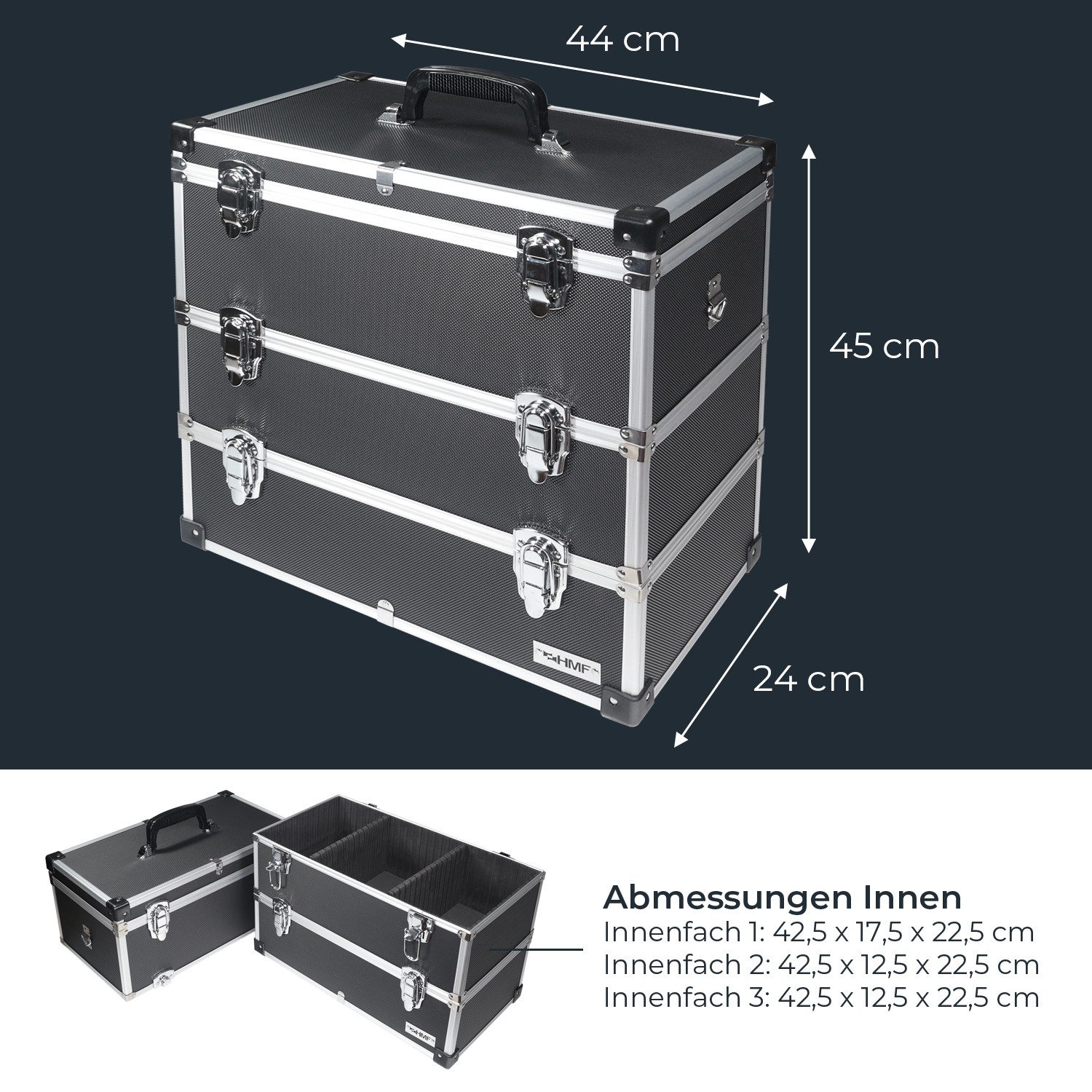 HMF Werkzeugkoffer Geräumiger Utensilien Koffer mit Trennwänden, Transportkoffer, für Werkzeug, Angel Sachen und Kosmetik, 44x45x24 cm, schwarz – Bild 5 von 5