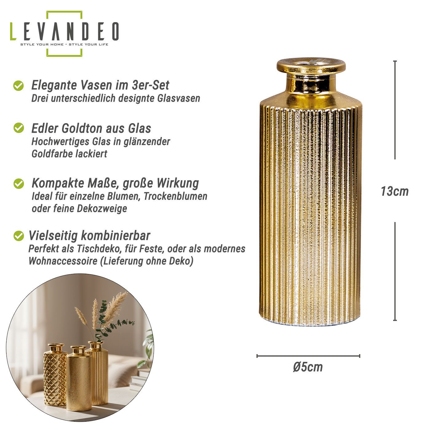 Levandeo® Dekovase, 3er Set Vase H13cm Gold Glas Blumenvase Tischdeko Frühling Blumendeko