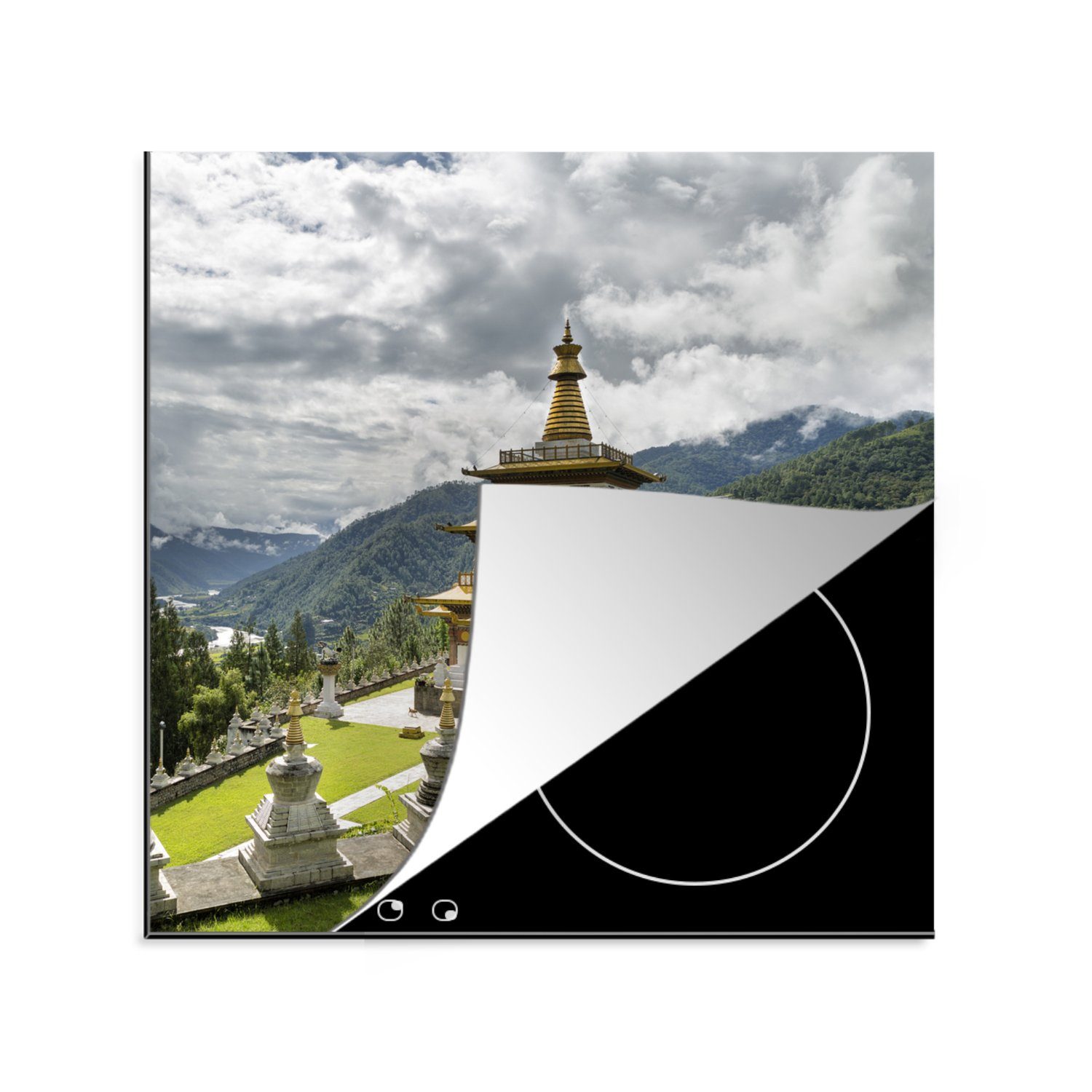 Wolken, küche tlg), MuchoWow Arbeitsplatte für - (1 Tempel Bhutan - cm, 78x78 Vinyl, Ceranfeldabdeckung, Herdblende-/Abdeckplatte