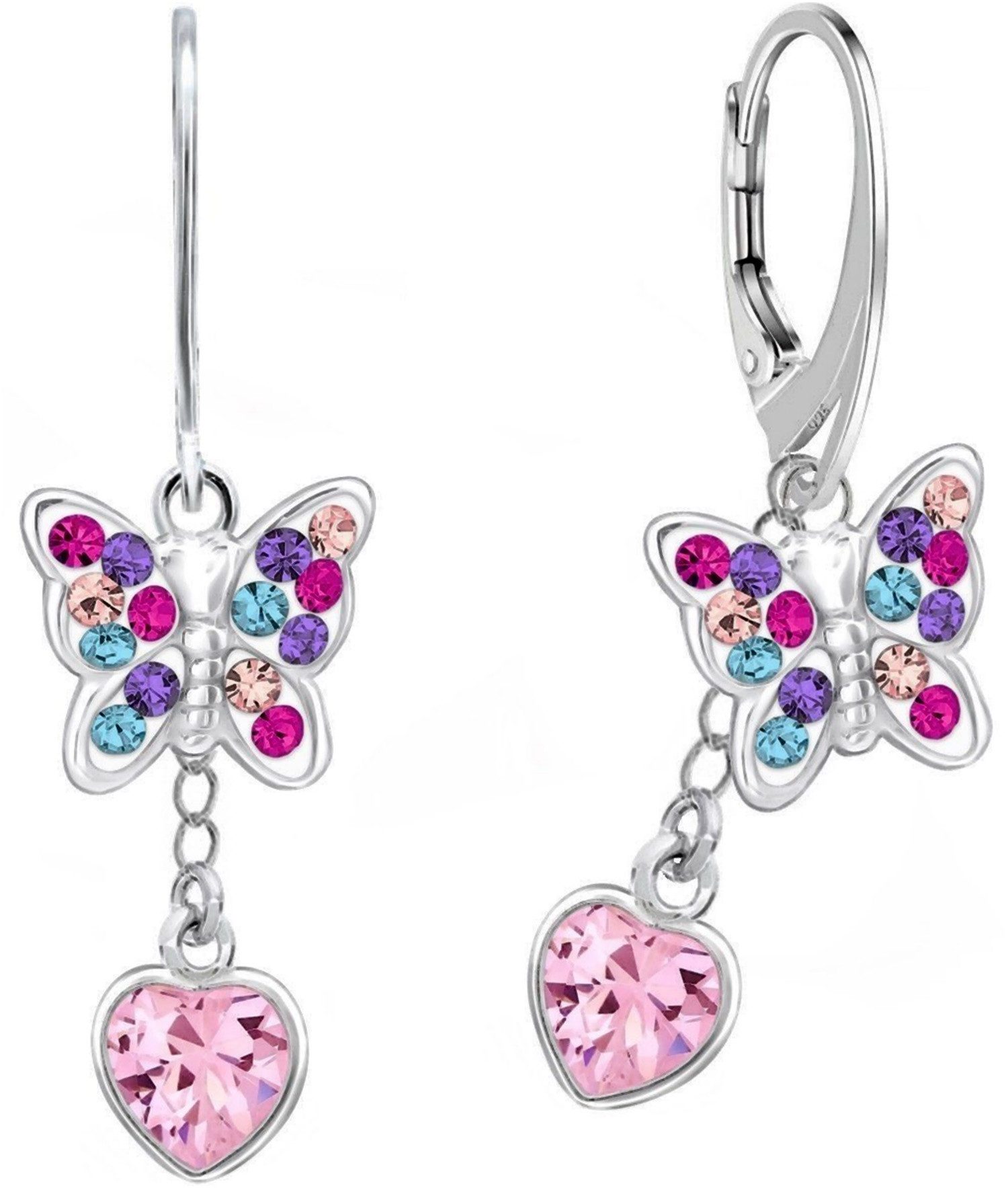 Paar Ohrhänger Schmetterling mit Rosa Herz Zirkonia Klappbrisuren 925 Silber