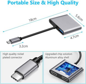 AURUM USB C 4in1 auf 2X HDMI 4K 1x USB 3.0 1x Typ C PD Charge 100W Adapter HDMI-Adapter, 18 cm