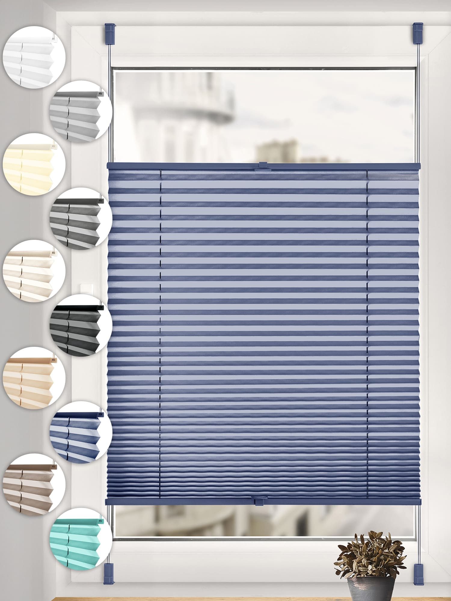 Sonello Plissee ohne Bohren Rollo Klemmfix für Fenster & Tür Lichtschutz, blickdicht, ohne Bohren, verspannt, Klemmfix, 105cm x 120cm Blau Faltrollo, Easyfix, Sonnenschutzrollo, Jalousie