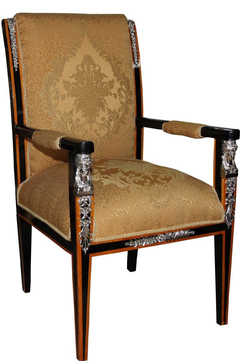 Mahagoni Empire Edition Esszimmerstuhl Padrino Casa Limited / / mit Schwarz Gold Armlehnen Luxus Stuhl Barock Silber Esszimmer - /