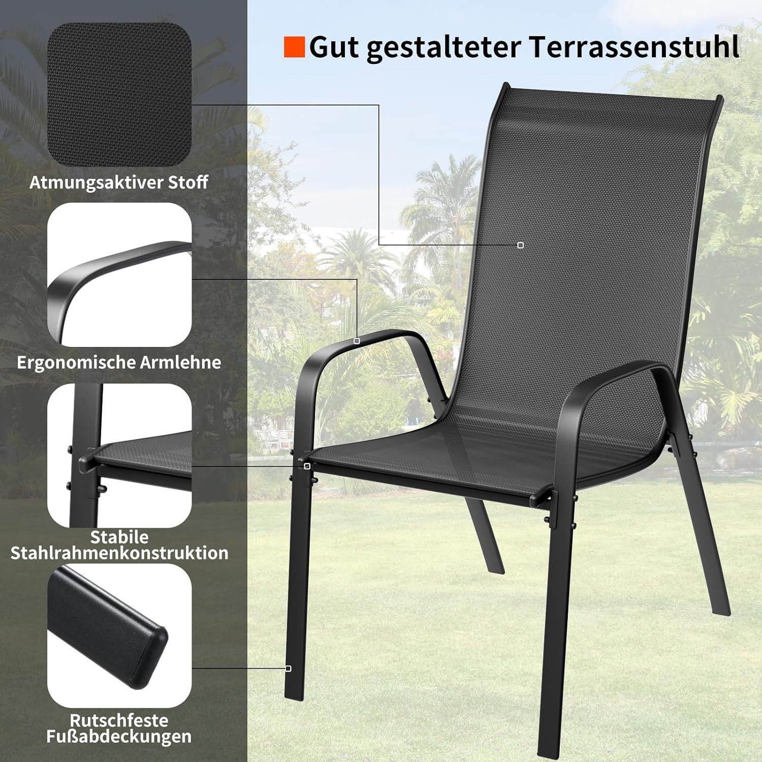 TLGREEN Stapelstuhl Gartenstühle Stapelstuhl,Camping Stapelbar Hochlehner, (Terrassenstuhl Textilene Stahlgestell für Gärten Innenhöfe Balkone Restaurants, 6 St – Bild 4 von 5