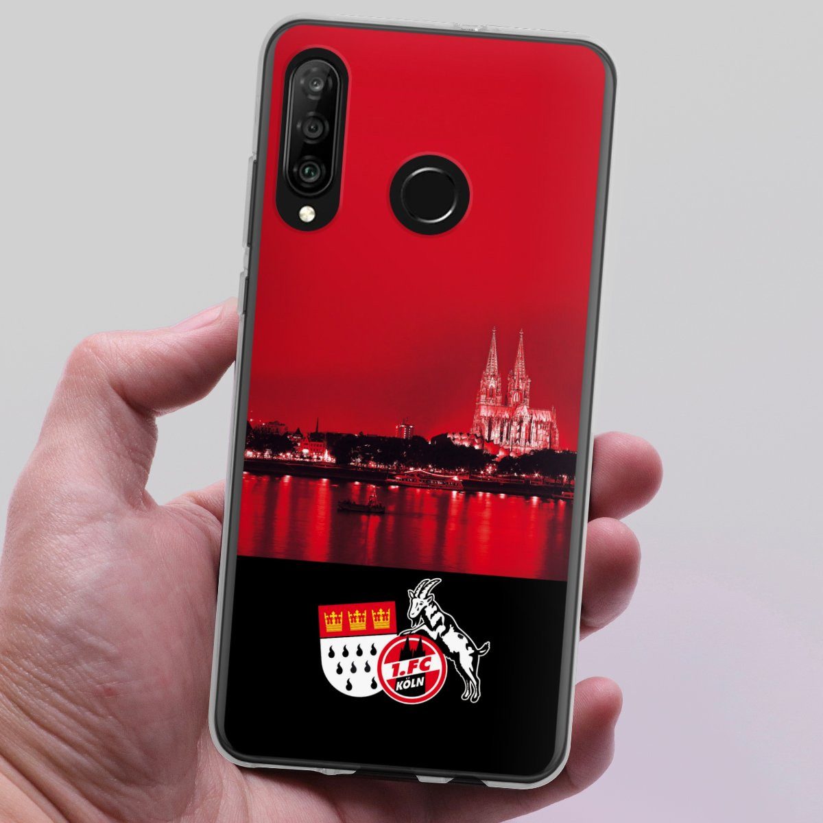 DeinDesign Handyhülle Skyline 1. FC Köln Offizielles Lizenzprodukt Skyline Köln Rot, Huawei P30 Lite Premium Silikon Hülle Bumper Case Handy Schutzhülle