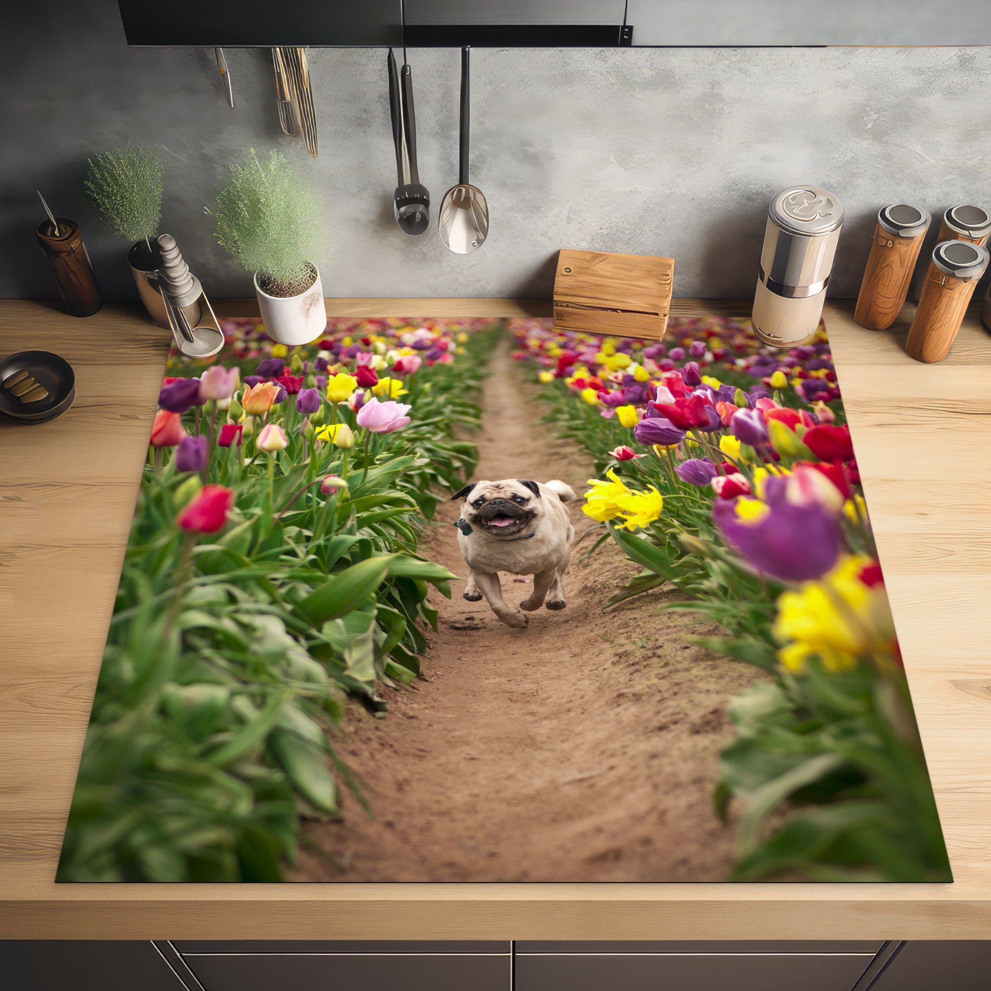 Ceranfeldabdeckung, - - 78x78 Hund, Tulpen MuchoWow (1 Herdblende-/Abdeckplatte Arbeitsplatte für tlg), Vinyl, küche cm, Blumen