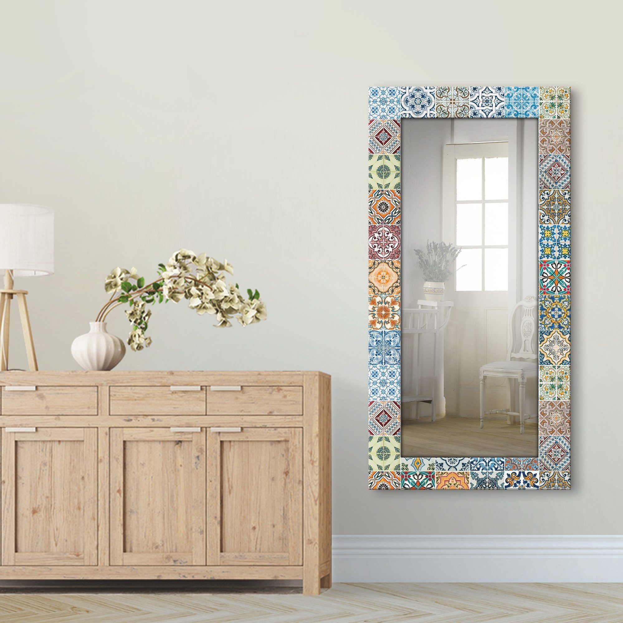 Artland Dekospiegel Gemusterte Keramikfliesen, gerahmter Wandspiegel, Ganzkörperspiegel, Landhaus Motivrahmen, mit