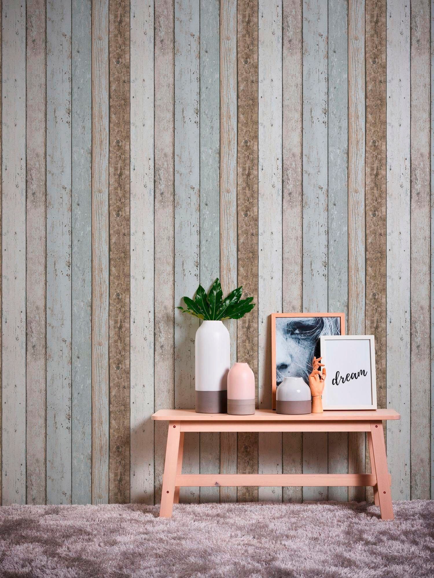 living walls Papiertapete Il Decoro, leicht strukturiert, gestreift, realistisch, Holz, Streifen Tapete Holzoptik Tapeten Wohnzimmer Schlafzimmer Küche lau