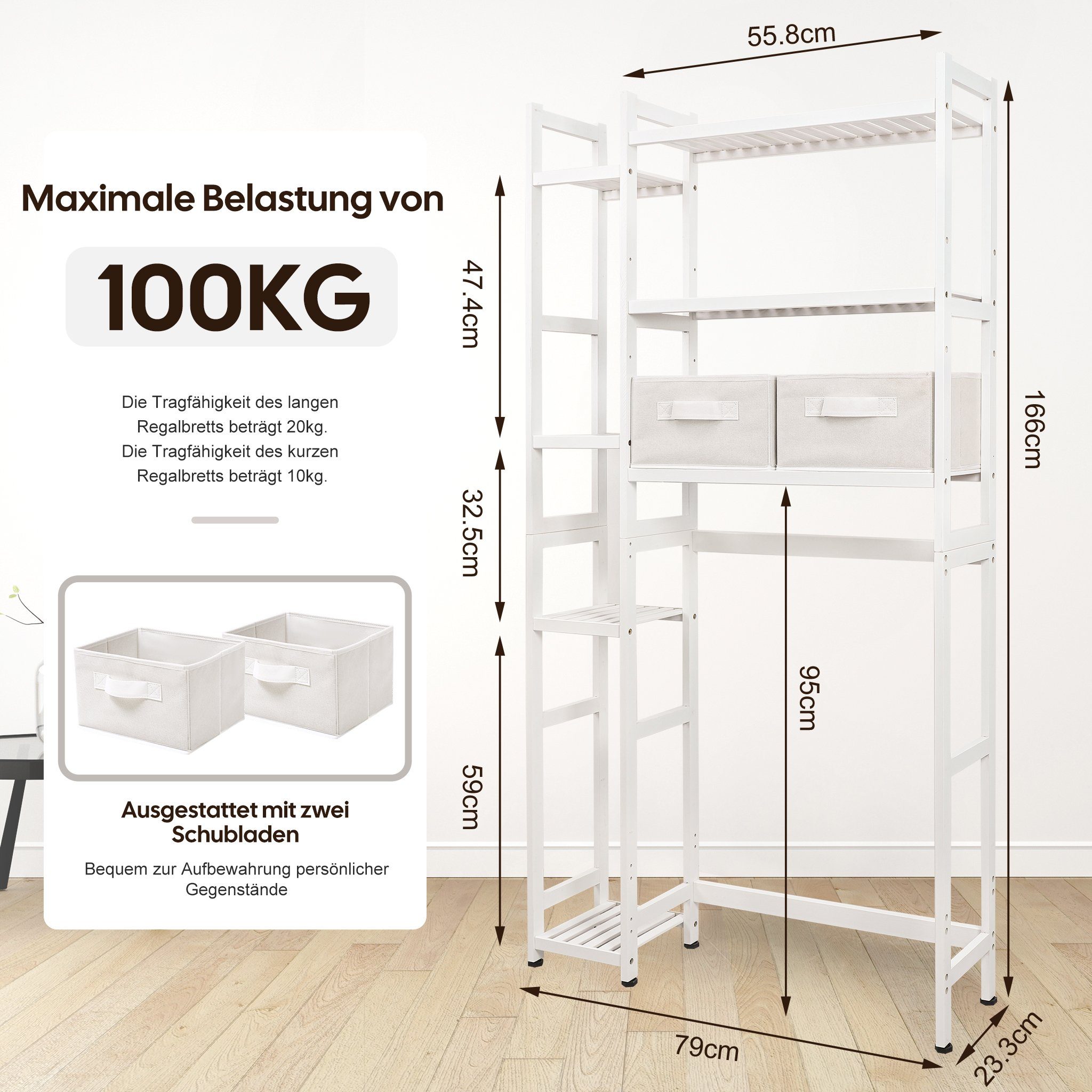 Yorbay Badregal Toilettenregal aus Multifunktional, 7 mit Badregal 2 Verstellbar Bambus, Badezimmerregal, Regal Weiß 79x23,3x166 cm, Körben, Badregal WC mi Ablagen