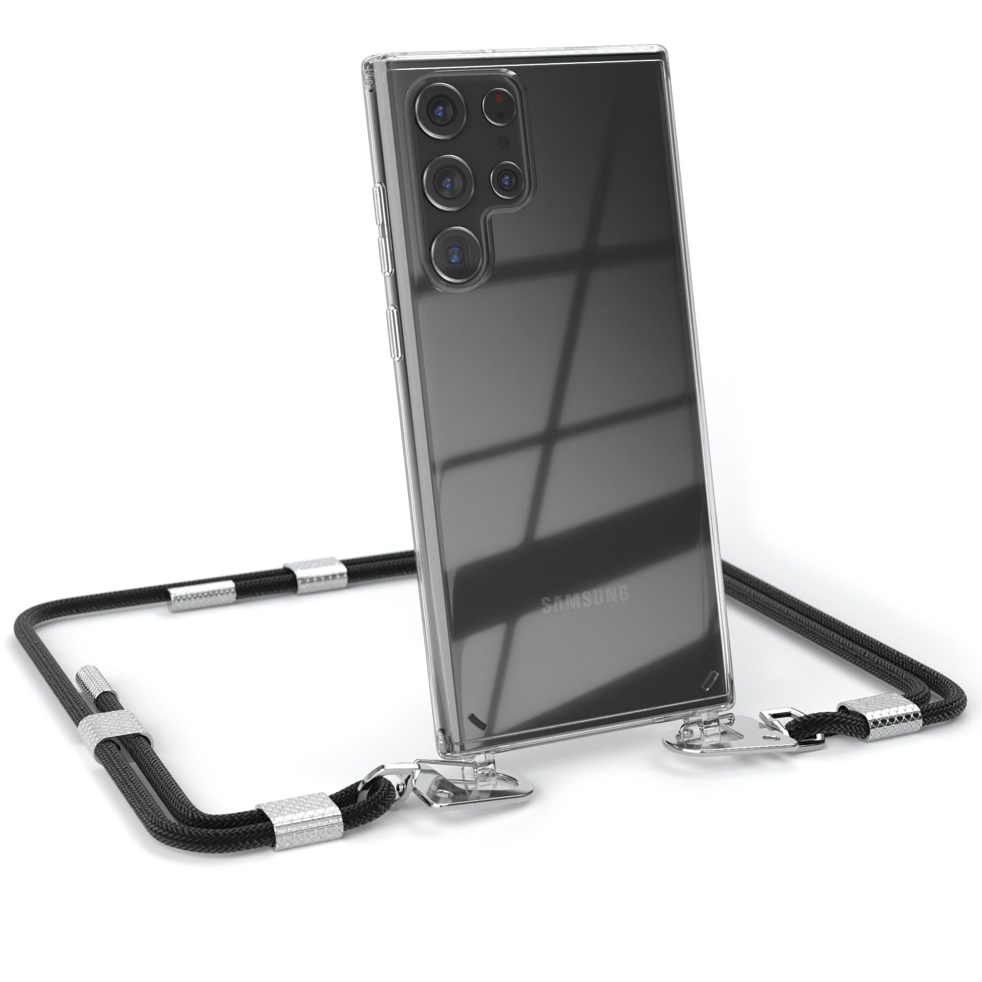EAZY CASE Handykette Silikonhülle mit Kette für Galaxy S22 Ultra 5G 6,8 Zoll, Ketten Hülle Transparent Case Kettenhülle abnehmbare Kordel Schwarz