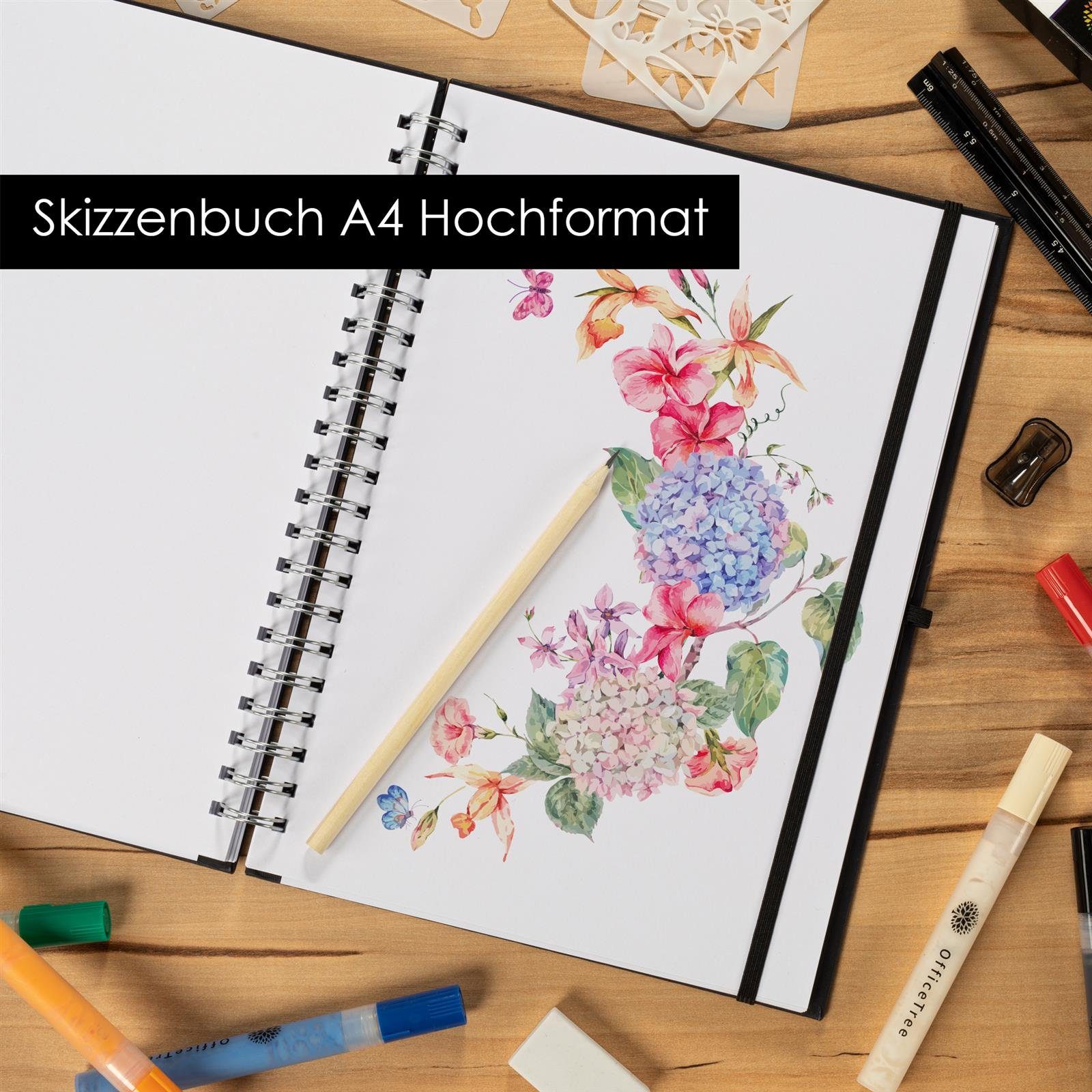 Skizzenbuch Verschluss, 96 - OfficeTree - Weißes OfficeTree Papier 200g Stift Skizzenbuch A4 Sketchbook und Seiten Blätter 48 hoch mit Blanko Stiftehalter,