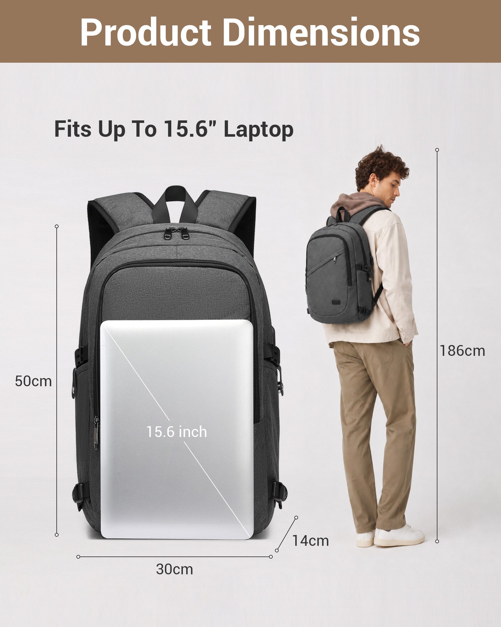 KONO Laptoprucksack, XL Laptop-Rucksack (50x30x14cm) + kleines Zahlenschloss