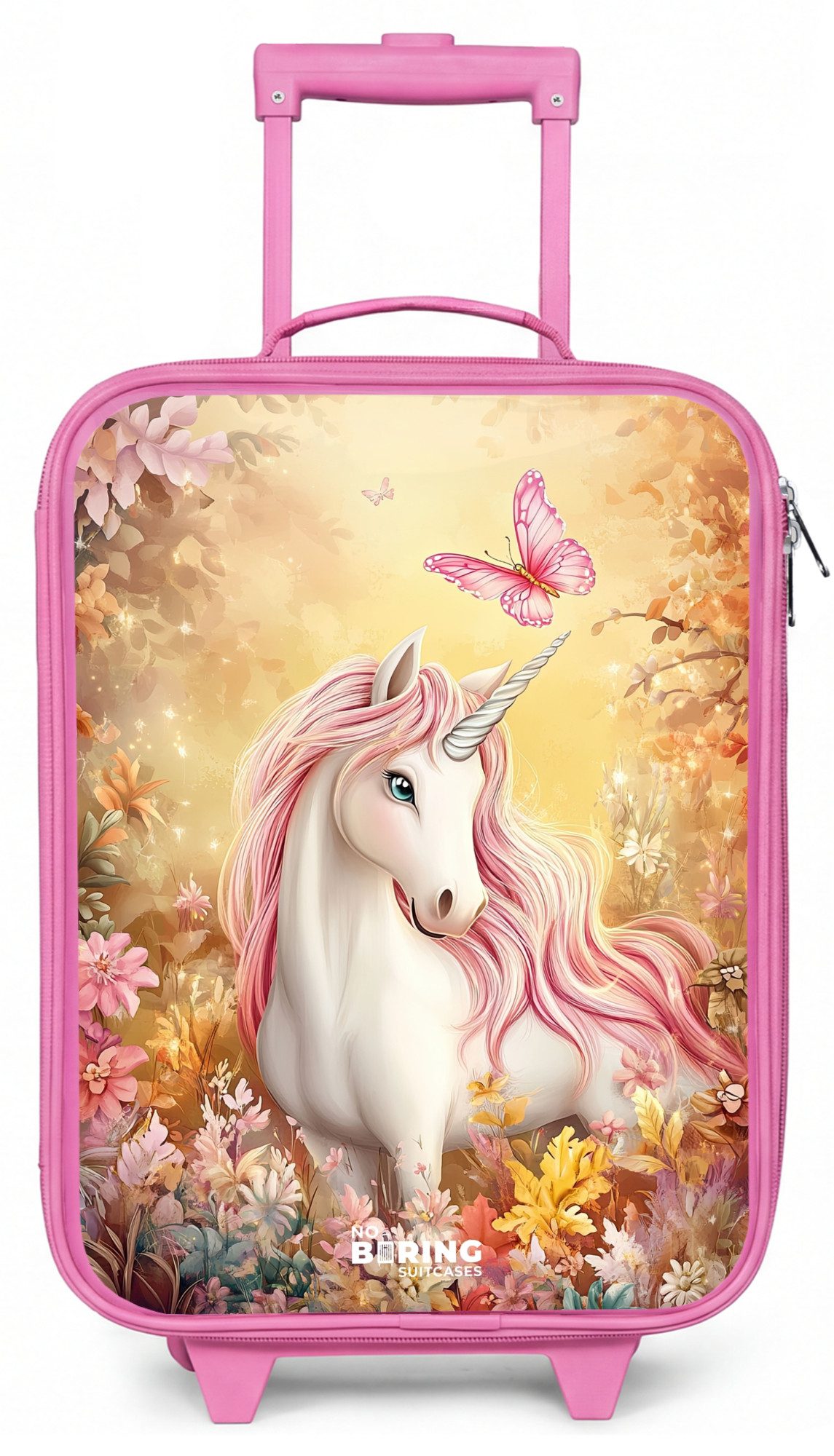 NoBoringSuitcases.com© Kinderkoffer Rosa - mit leuchtende Räder - Einhorn - Schmetterling - Rosa - Mähne, 2 Rollen, Handgepäck-Koffer, Kinderkoffer, Reisekoffer Mädchen