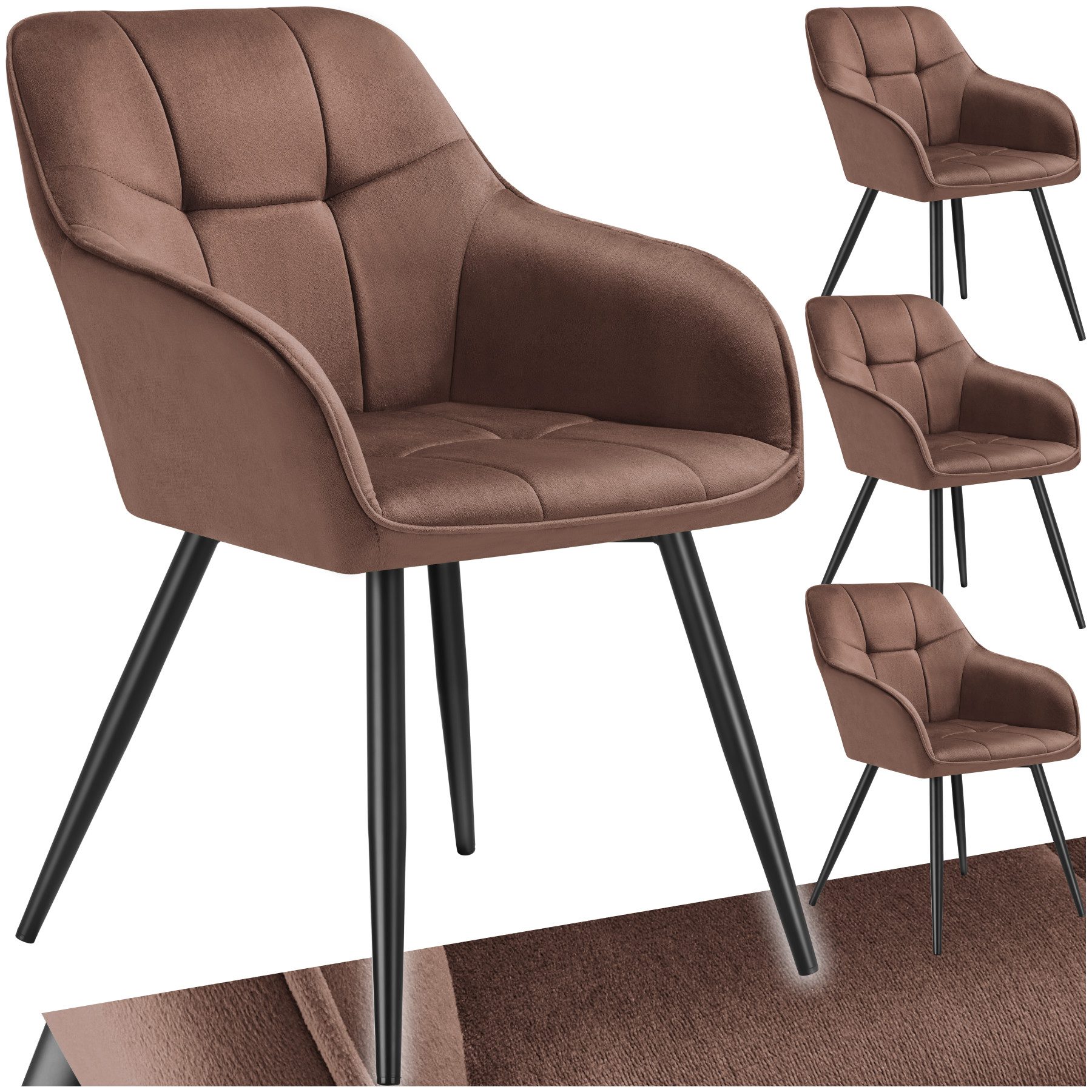 tectake Esszimmerstuhl Polstersessel gepolstert, in Samtoptik, gesteppt, 58 x 62 x 82 cm (Küchenstuhl Marilyn in braun/schwarz, 4 St), durchgehende Lehne, Stahlbeine, bodenschonend, Belastbarkeit 120 kg