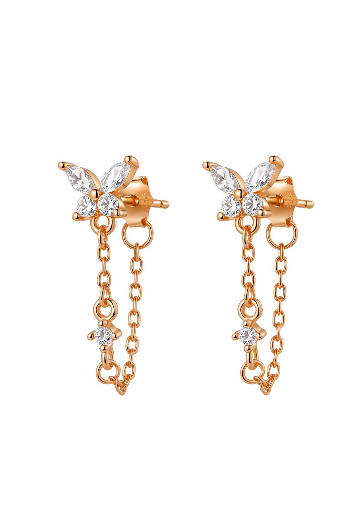 Hey Happiness Paar Ohrhänger Schmetterling Kettenohrringe, mit Zirkonia, 925 Silber Ohrstecker mit Ketten vergoldet, Gold & Roségold