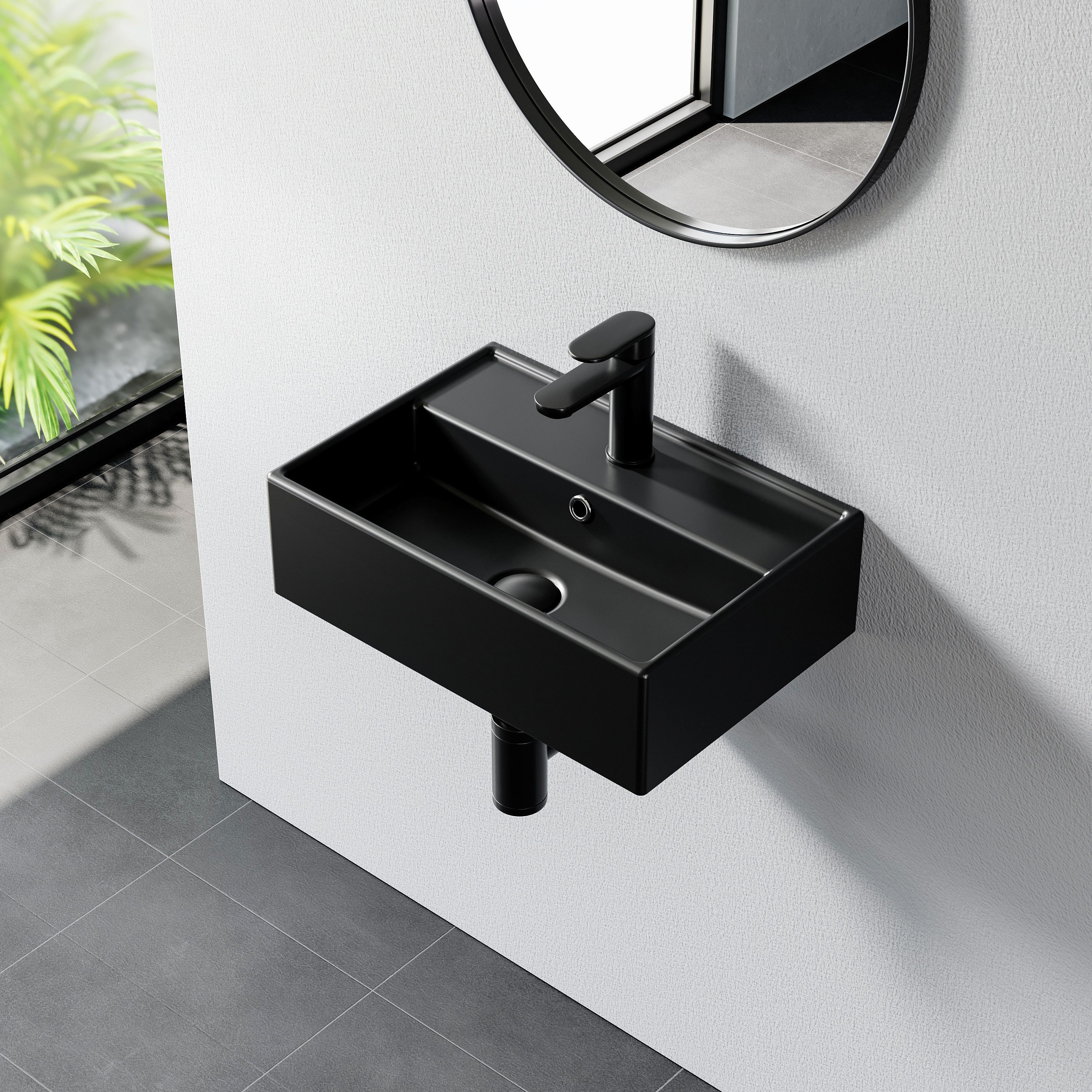 HOROW Waschbecken Keramik Aufsatzwaschbecken Hängewaschbecken 50cm 60cm 75cm (Badezimmer Waschtisch, mit Hahnloch und Überlauf - Weiß/Schwarz)