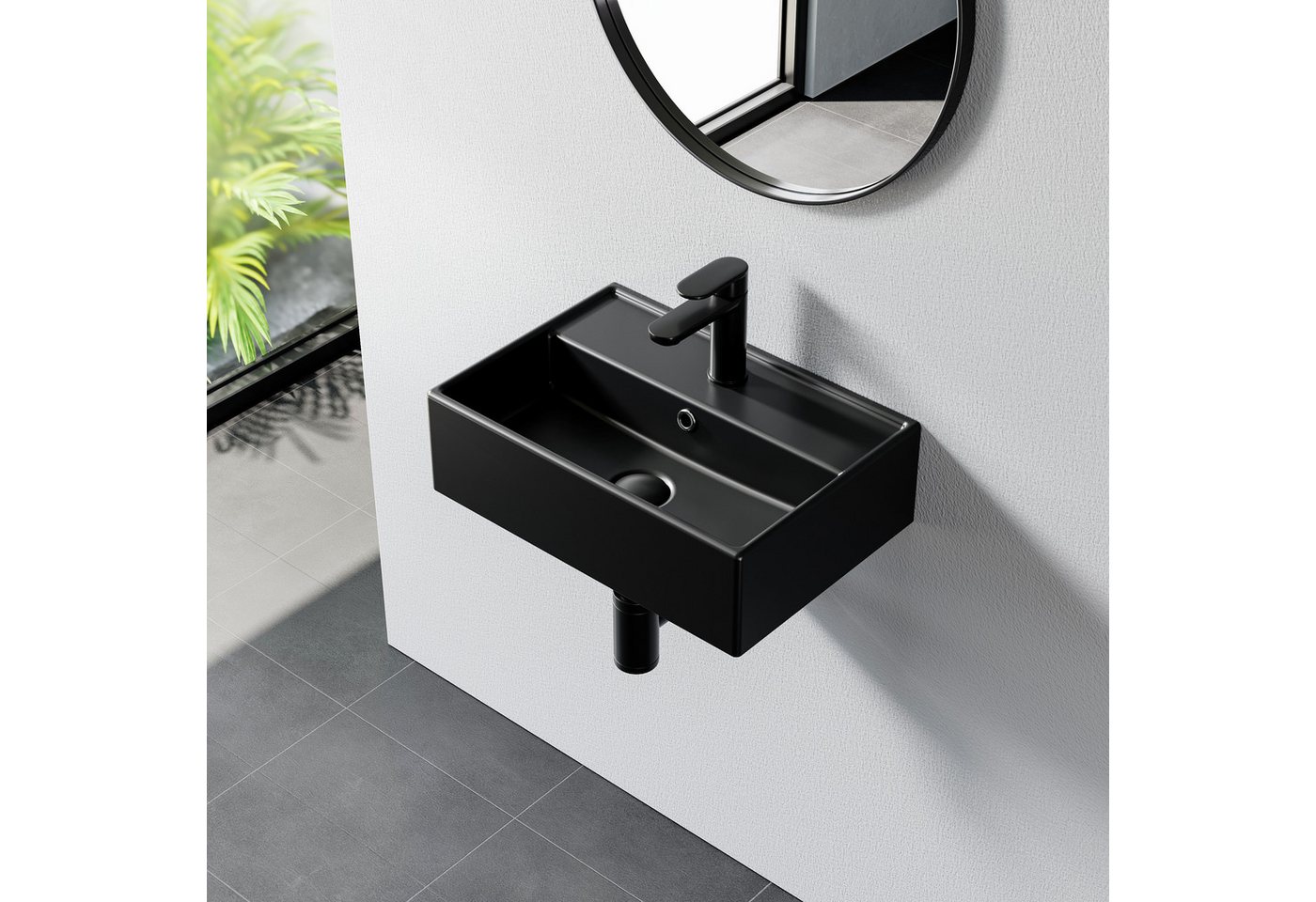 HOROW Waschbecken Keramik Aufsatzwaschbecken Hängewaschbecken 50cm 60cm 75cm (Badezimmer Waschtisch, mit Hahnloch und Überlauf - Weiß/Schwarz)