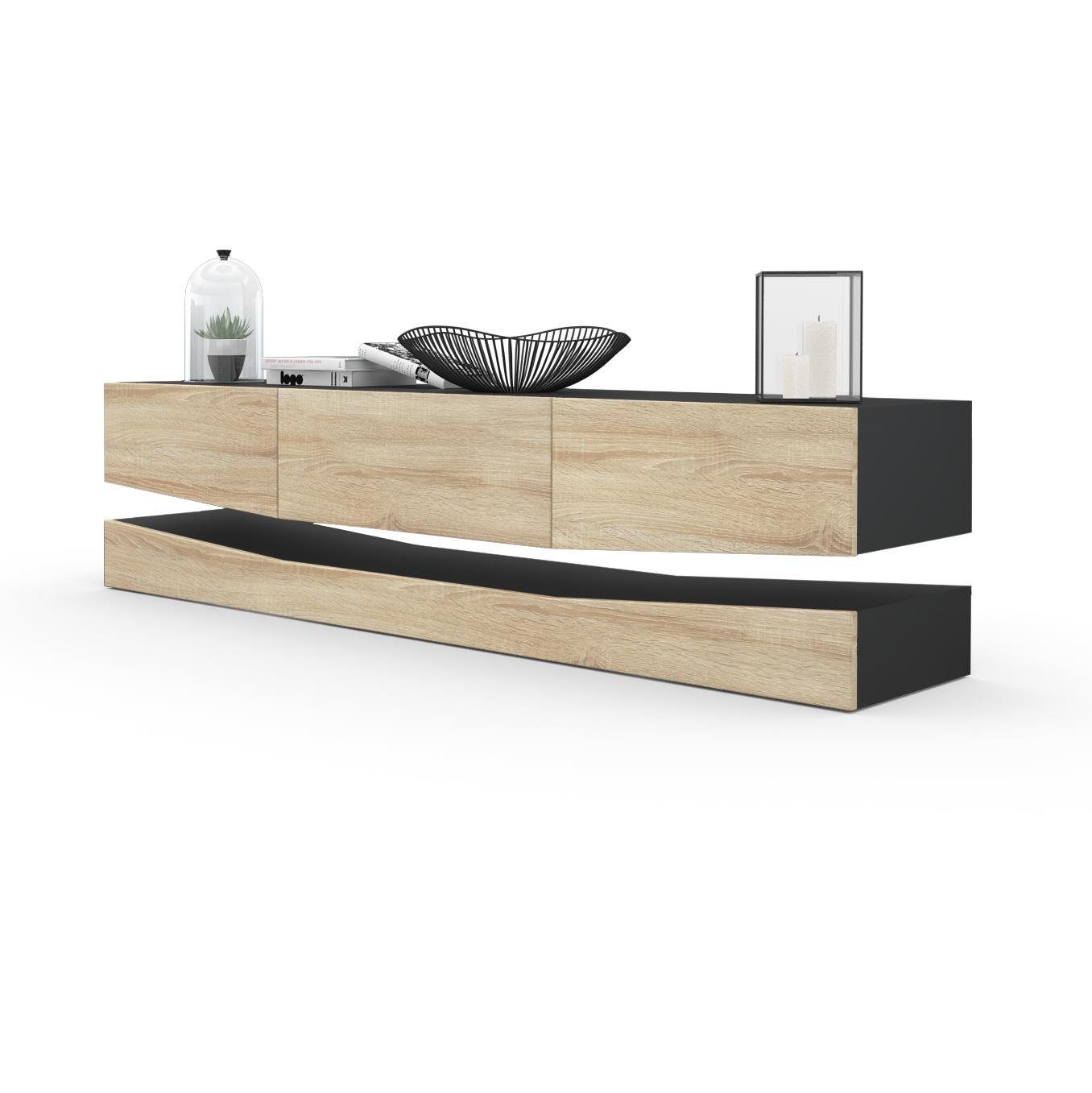 Vladon Lowboard City (TV-Kommode mit Sockelelement, 1 offenem Fach und 3 Schubkästen), Schwarz matt/Eiche Sägerau (178 x variabel x 39 cm)