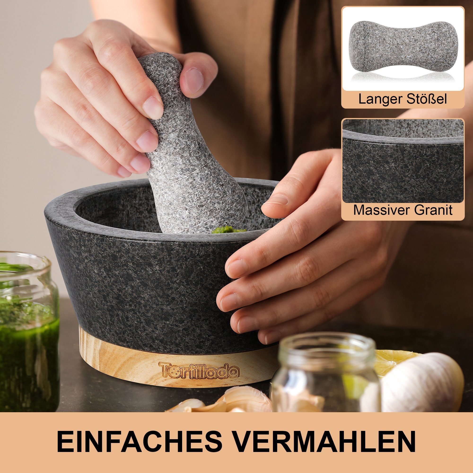 Tortillada Mörser XXL, 16 cm, (Set, 4-tlg., Mörser, Stößel, Holzsockel und Rezeptbuch), 16 cm, mit Holzsockel und Rezeptbuch