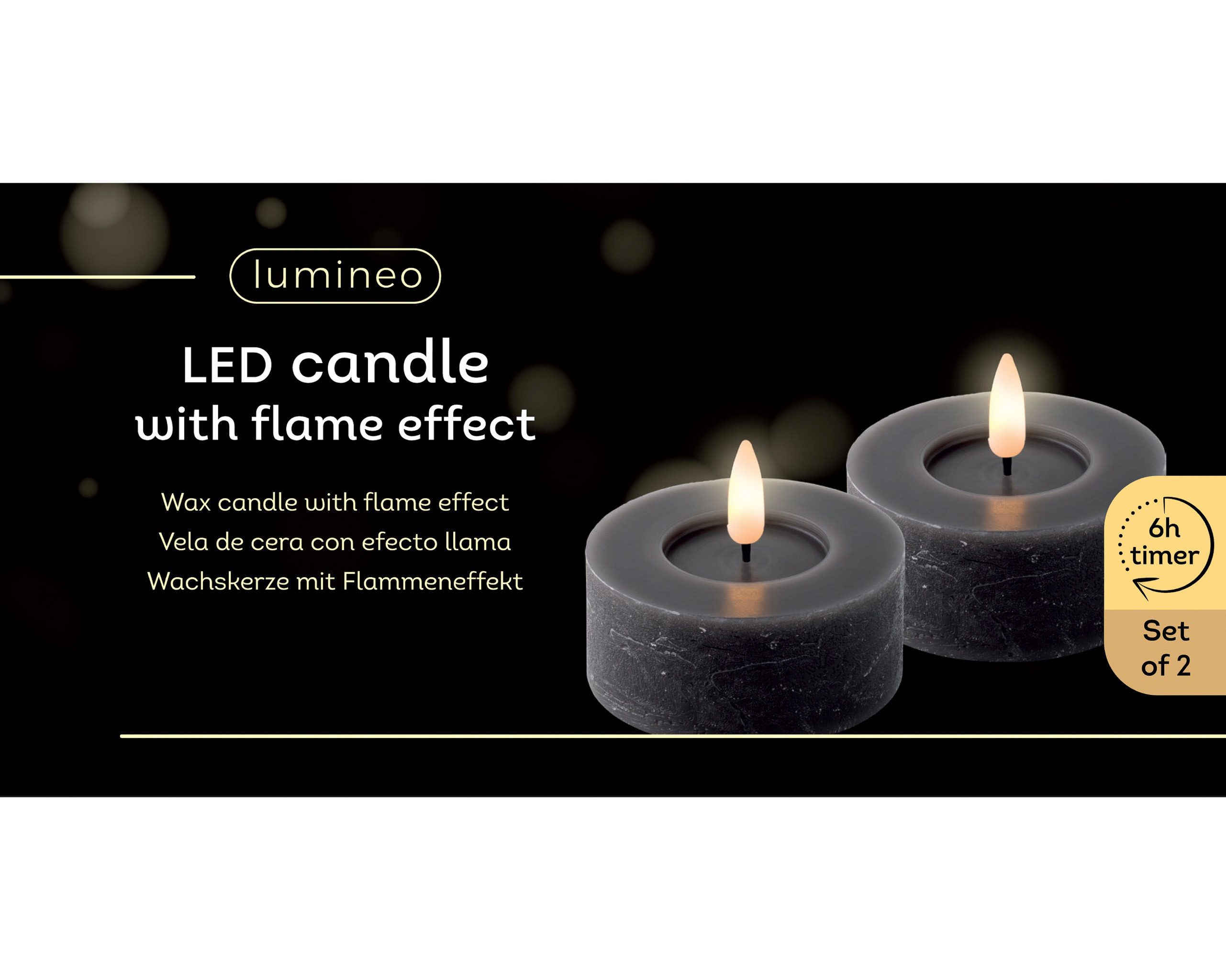 Lumineo LED-Kerze, Timer, warmweiß, LED Kerze 6x7cm mit Timer Wachs 2 Stück Rustik Grau / Warmweiß