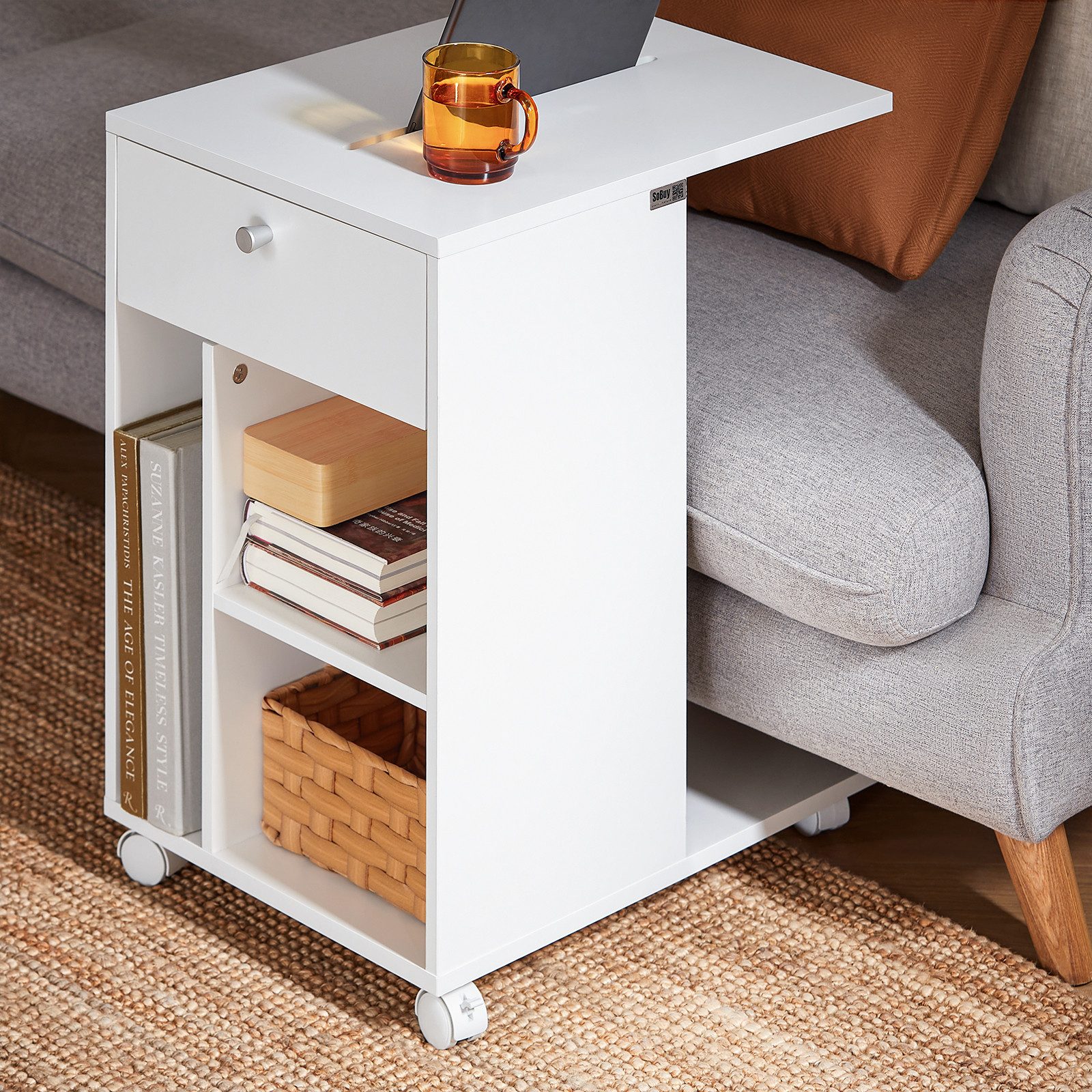 SoBuy Beistelltisch FBT148, C-förmiger Wohnzimmertisch Couchtisch Sofatisch mit Rollen