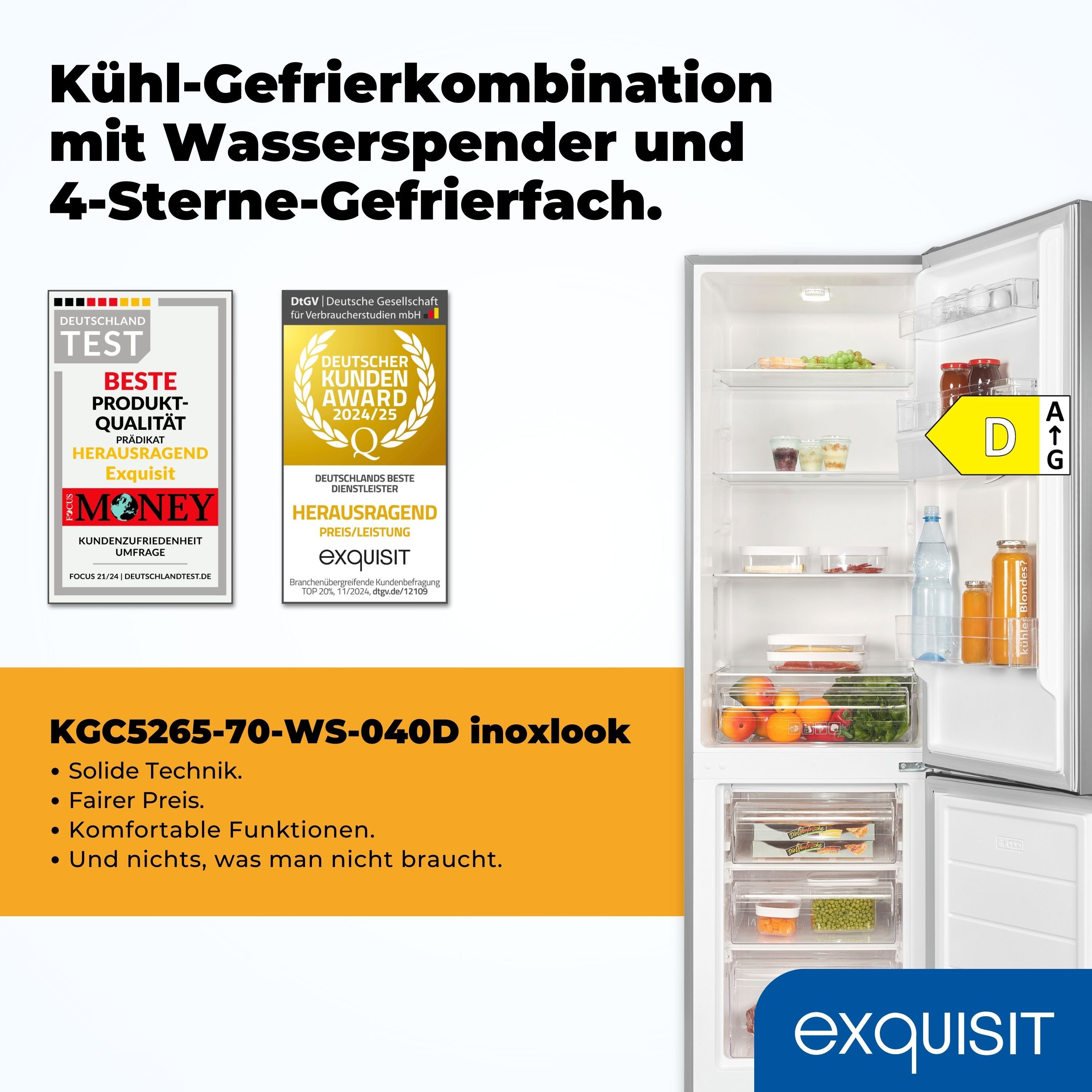 exquisit Kühl-/Gefrierkombination KGC5265-70-WS-040D, 179.5 cm hoch, 55 cm breit, 2 Jahre Herstellergarantie