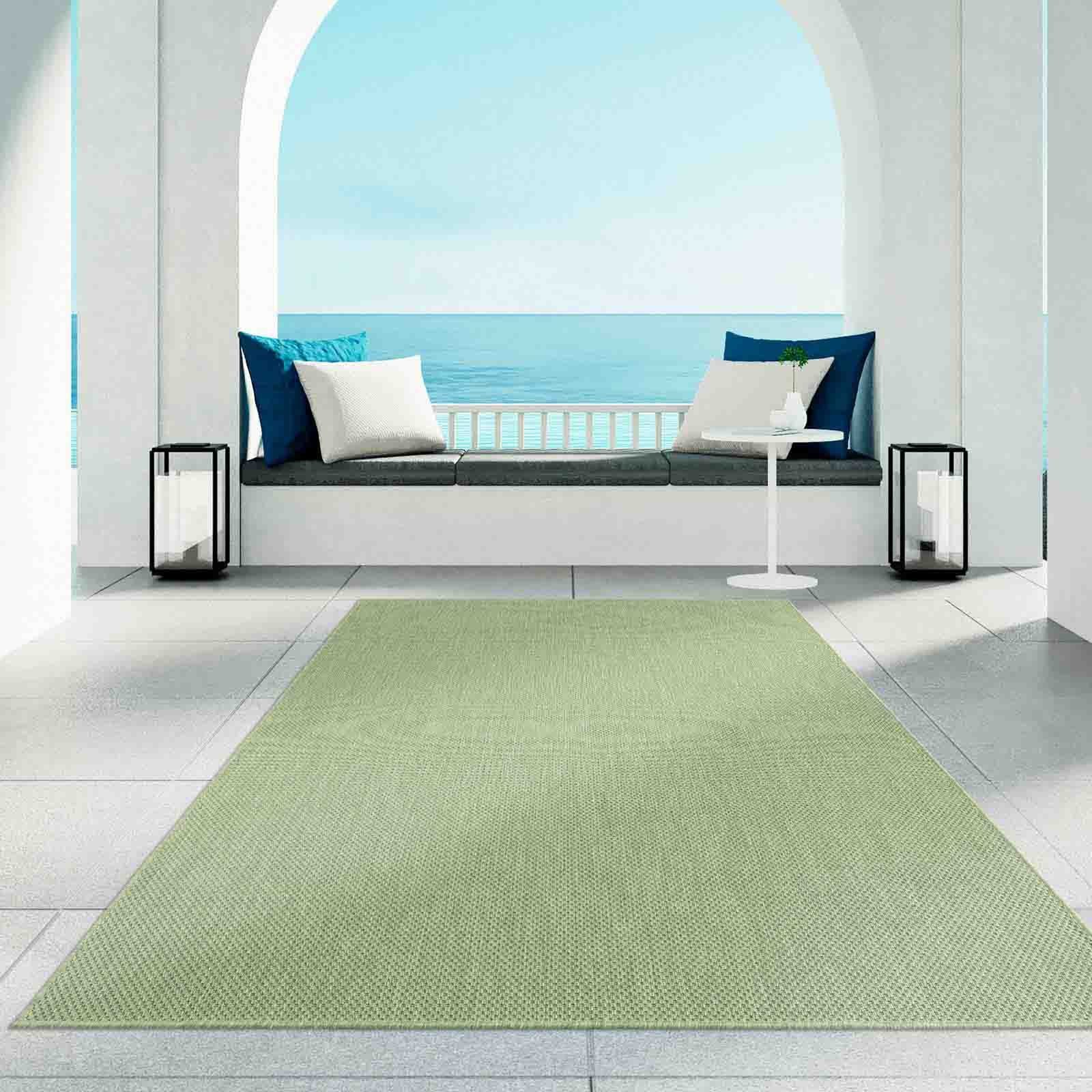 Teppich Regina Teppich aus robustem Flachgewebe für In und Outdoor, TaraCarpet, rechteckig, Höhe: 7 mm, Küche Wohnzimmer Terrasse Garten Balkon uni grün 67x180 unigrün
