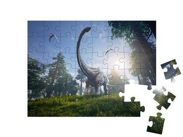 puzzleYOU Puzzle Diplodocus, darüber zwei fliegende Pteranodons, 48 Puzzleteile, puzzleYOU-Kollektionen Dinosaurier, Tiere aus Fantasy & Urzeit