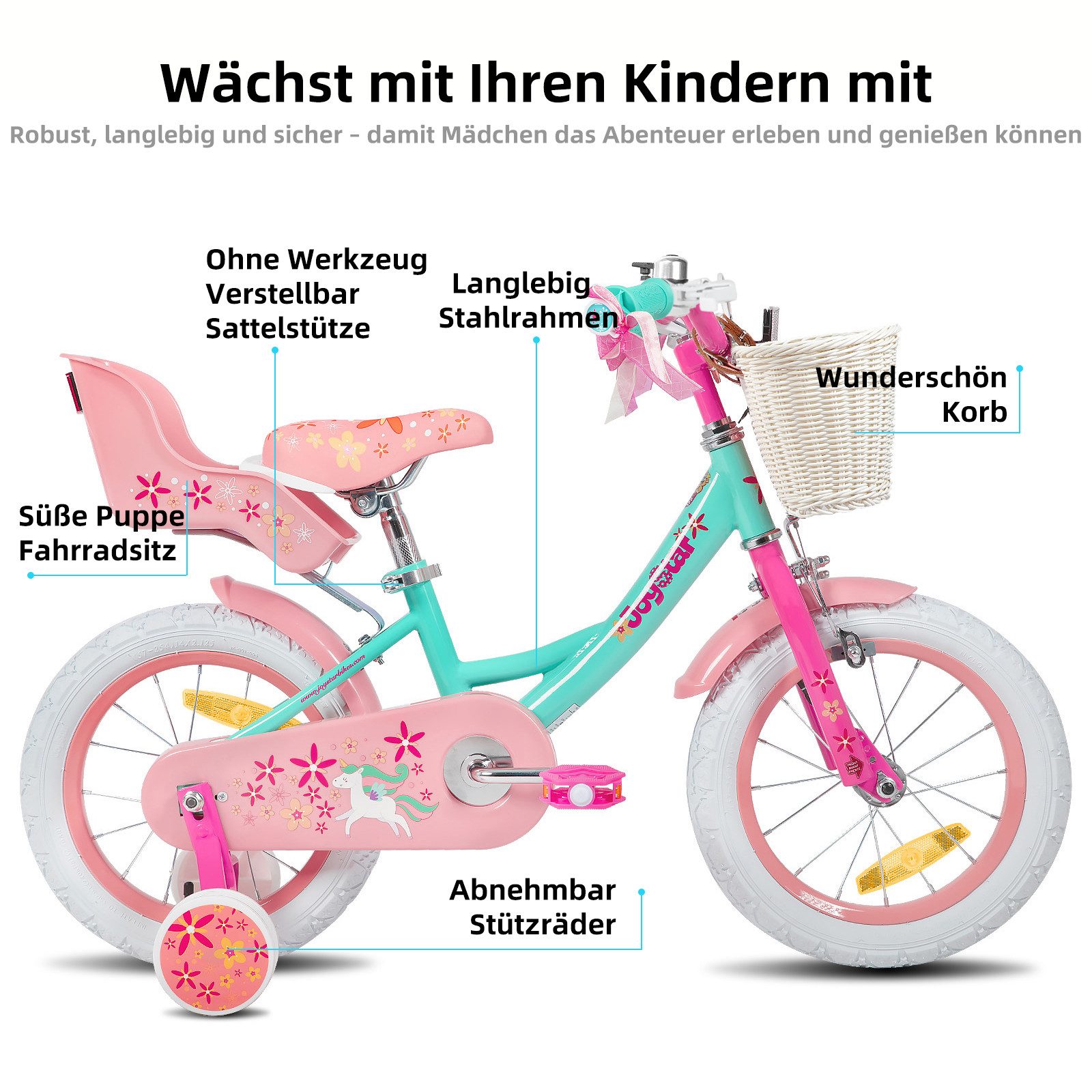JOYSTAR Kinderfahrrad 12 14 16 18 Zoll Mädchenfahrrad, 3 - 9 Jahre, Geschenk für Prinzessin, 1 Gang, Puppenradsitz & Stützrädern& Korbstreamer, 18 Zoll mit Stützrädern