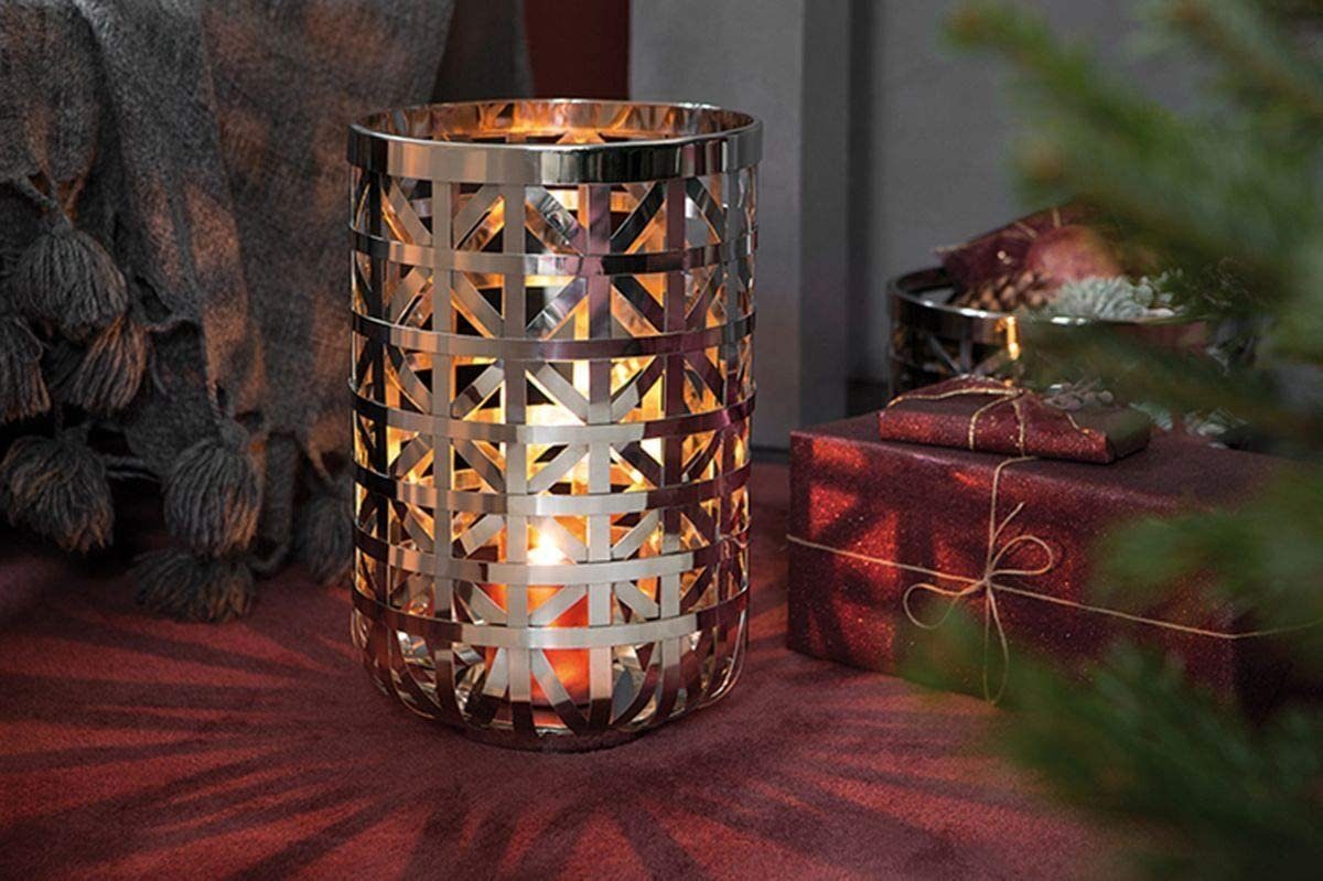 Fink Windlicht JORIS Windlicht mit Glas - H.33cm x D.22cm - silber - Edelstahl /Glas (Kerzenlaterne - Teelichtglas), Eleganter Kerzenhalter Leuchter - Deko für stilvolle Atmosphäre