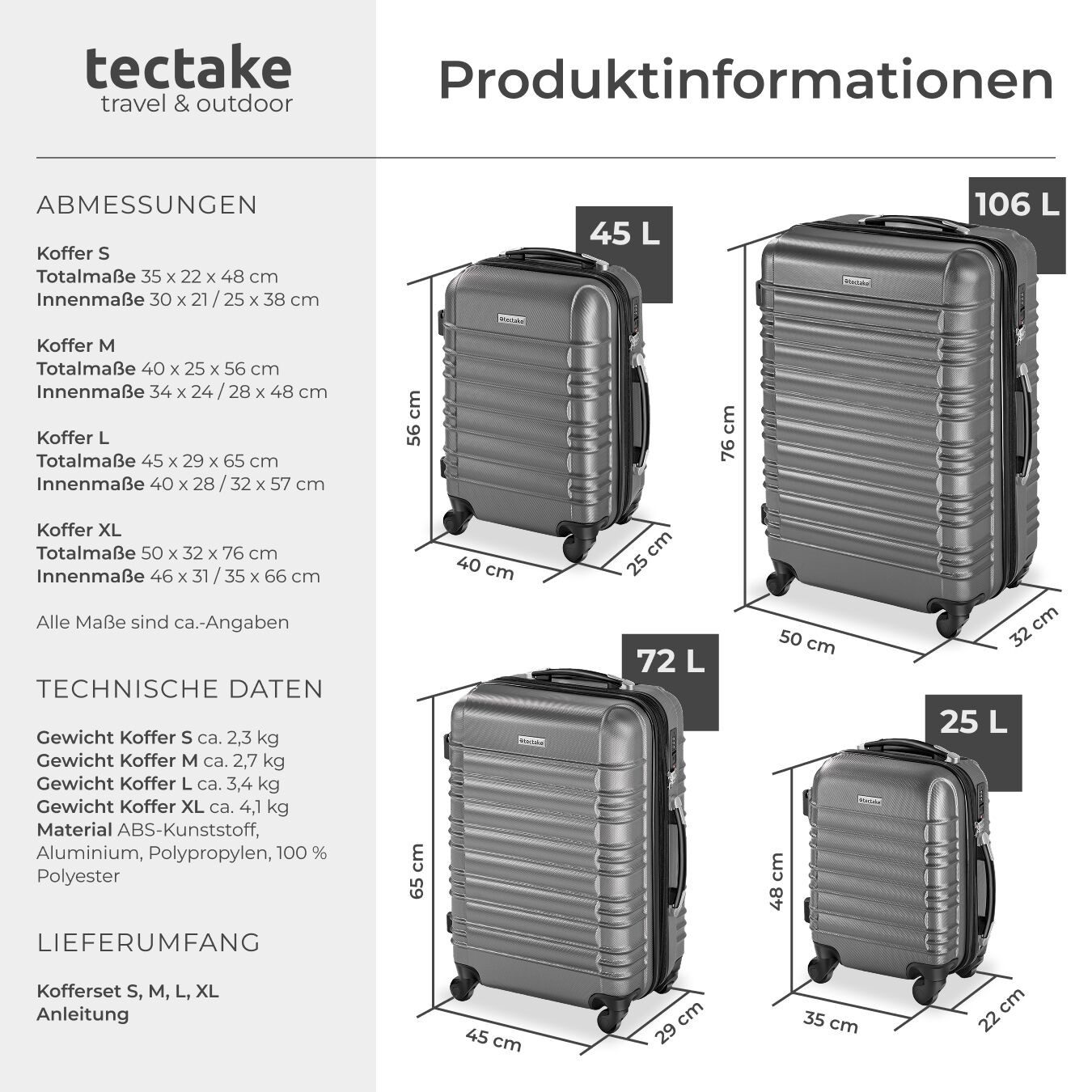tectake Trolley Hartschalenkoffer-Set aus robustem ABS-Kunststoff, TSA-Zahlenschloss, 4 Rollen, mit Teleskopgriff, 360° drehbare, abnehmbare Rollen, abteilbar