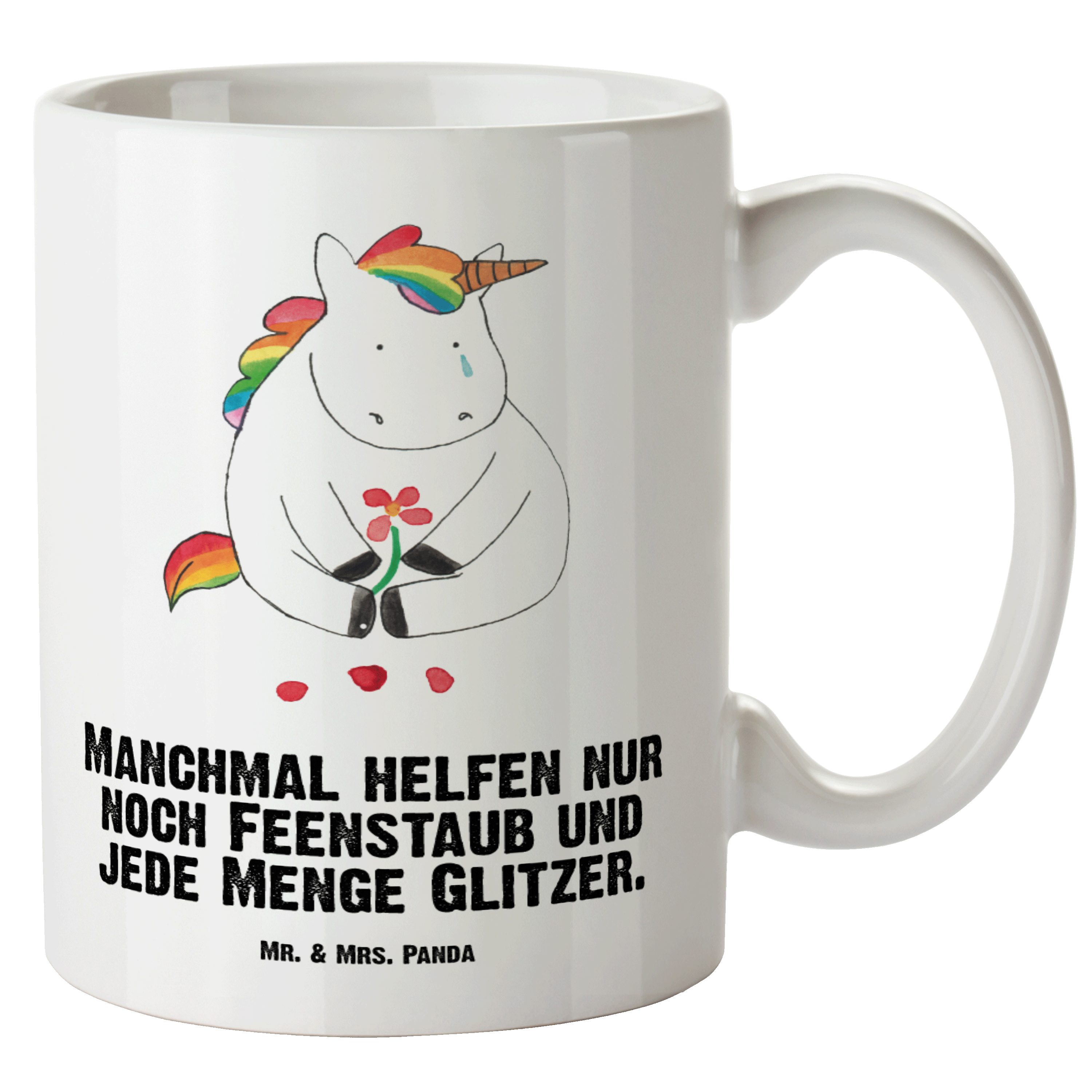 Mr. & Mrs. Panda Tasse Einhorn Traurig - Weiß - Geschenk, XL Tasse, Einhorn Deko, Jumbo Tass, XL Tasse Keramik