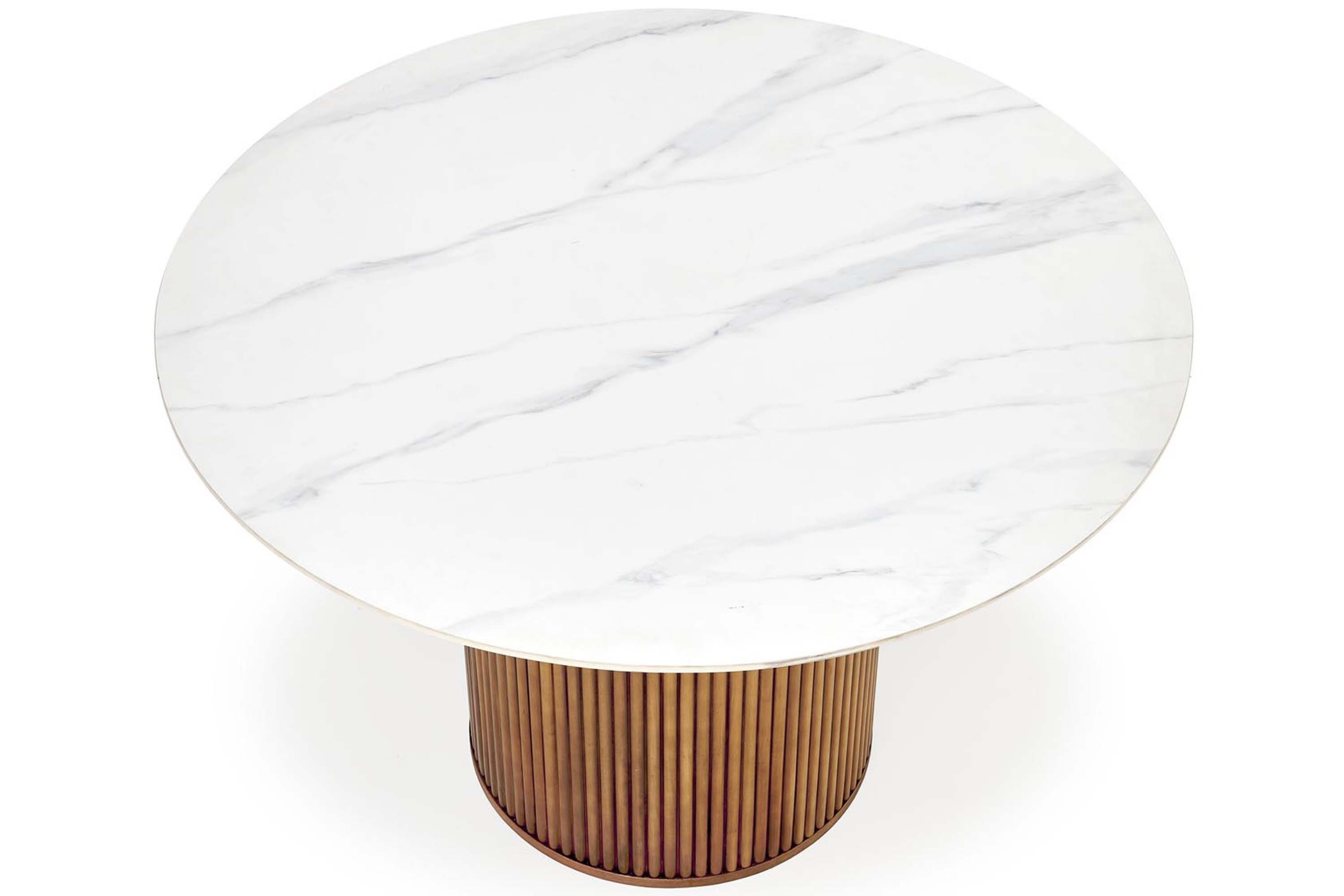 KONSIMO® Esstisch MIRA Runder Esszimmertisch, Säulenfuß, bis 4 Personen, Marmorplatte, Keramikplatte, Massivholzbein, Modern, dekorative Lamellen