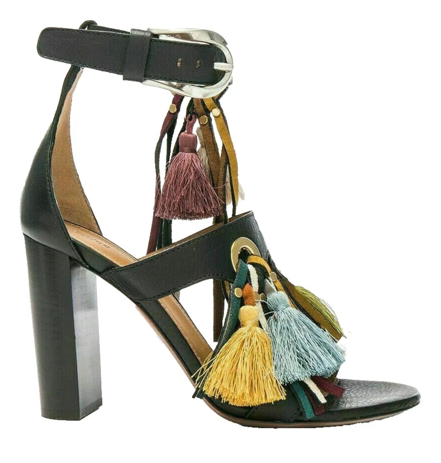 Chloé Miki High Heel Sandaletten Leder, Quasten, 90mm Blockabsatz High-Heel-Pumps Verspielte Quasten, Verstellbarer Knöchelriemen